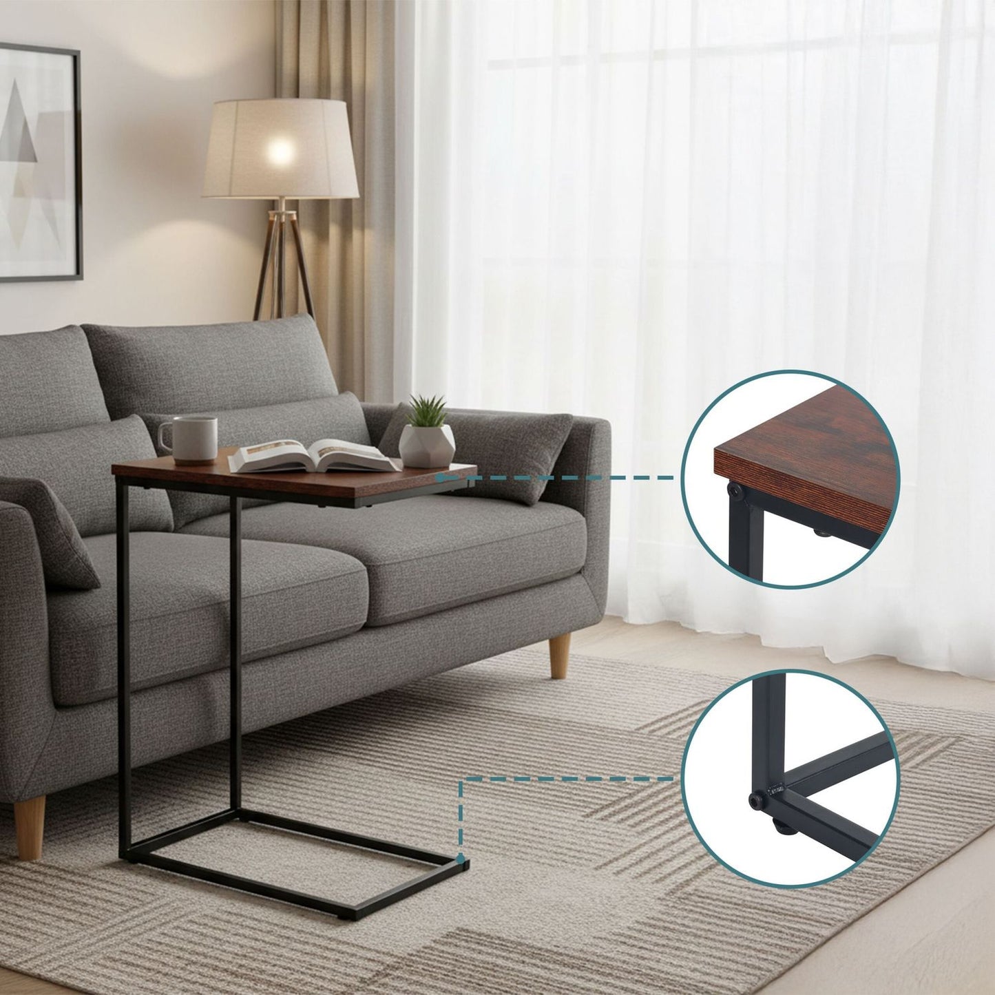 C-Shaped Side Table – Wood Top, Black Metal Frame