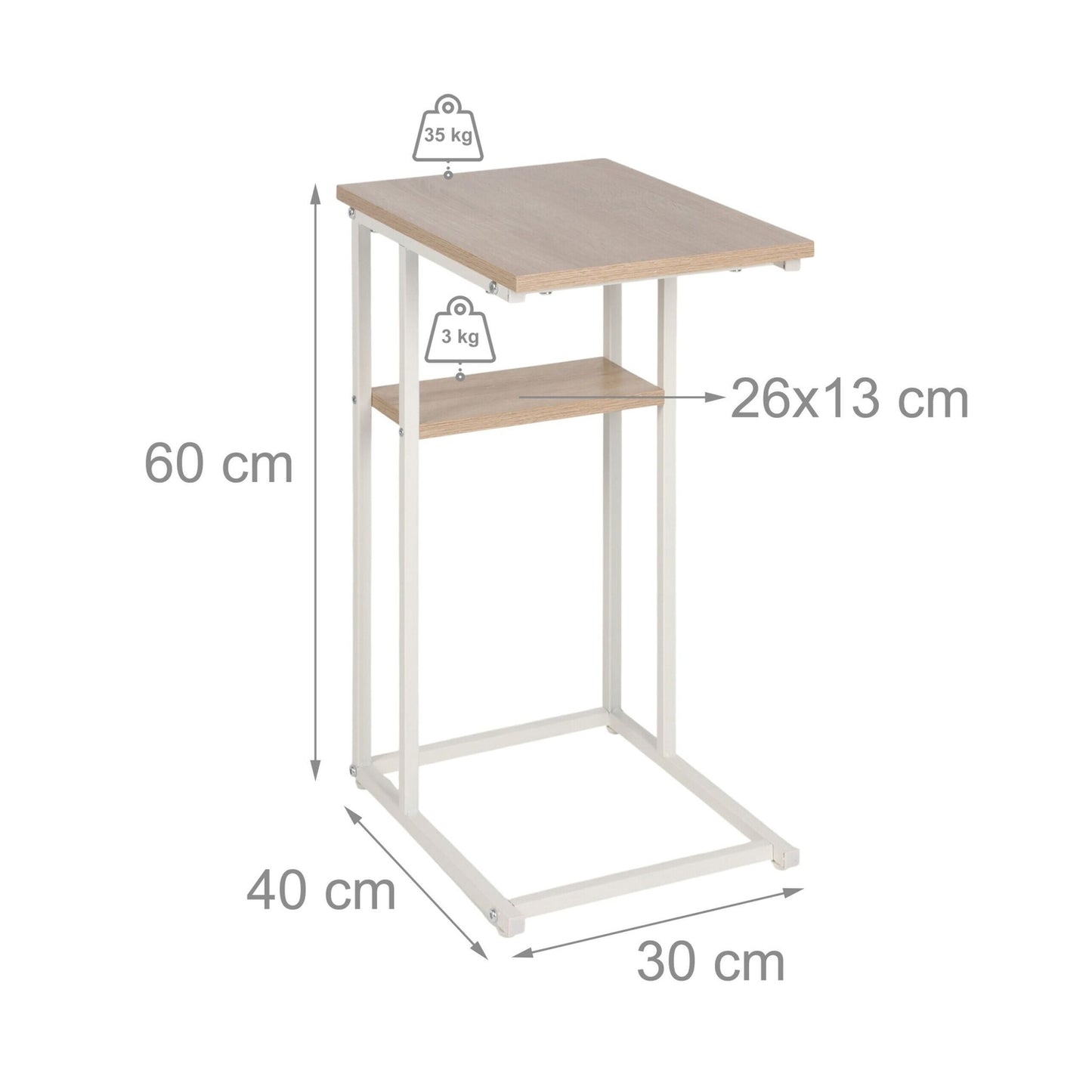 C-Shaped Side Table with 2 Shelves – Metal & Wood