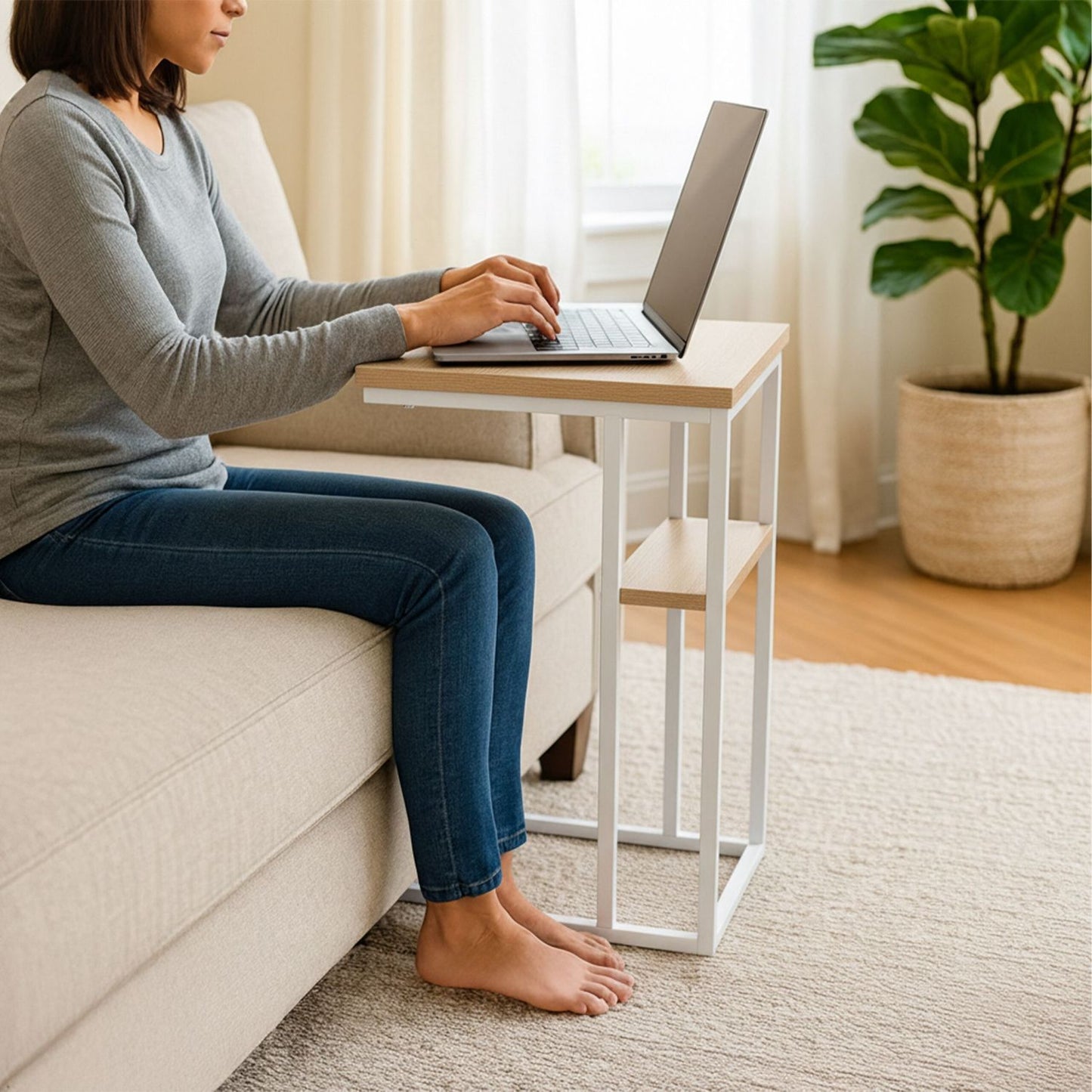 C-Shaped Side Table with 2 Shelves – Metal & Wood