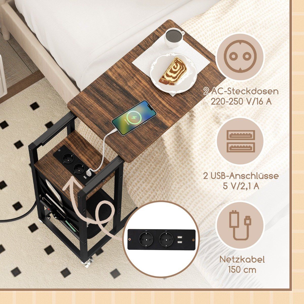 C-Shaped Side Table with Charging Station & Storage Pocket