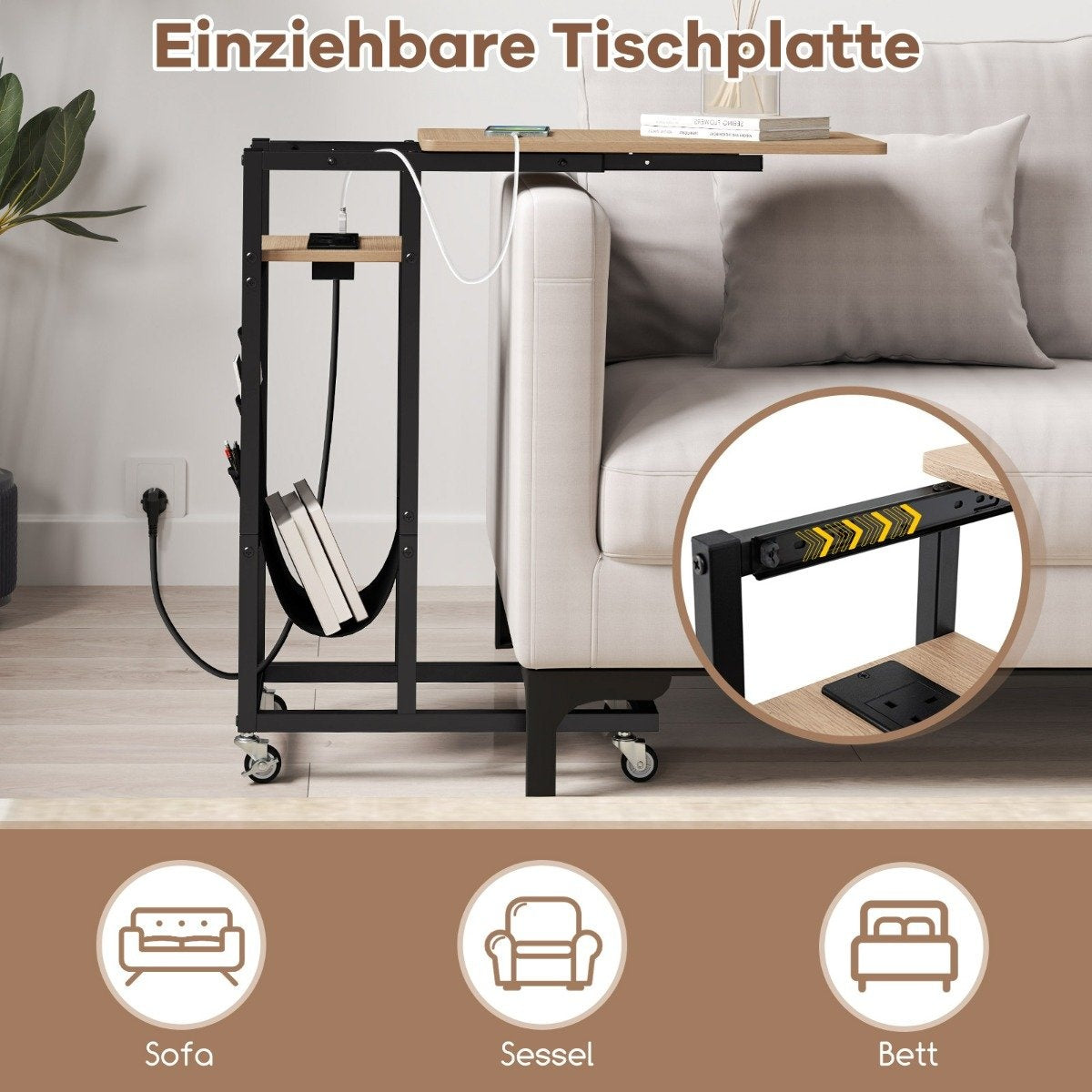 C-Shaped Side Table with Charging Station & Storage Pocket