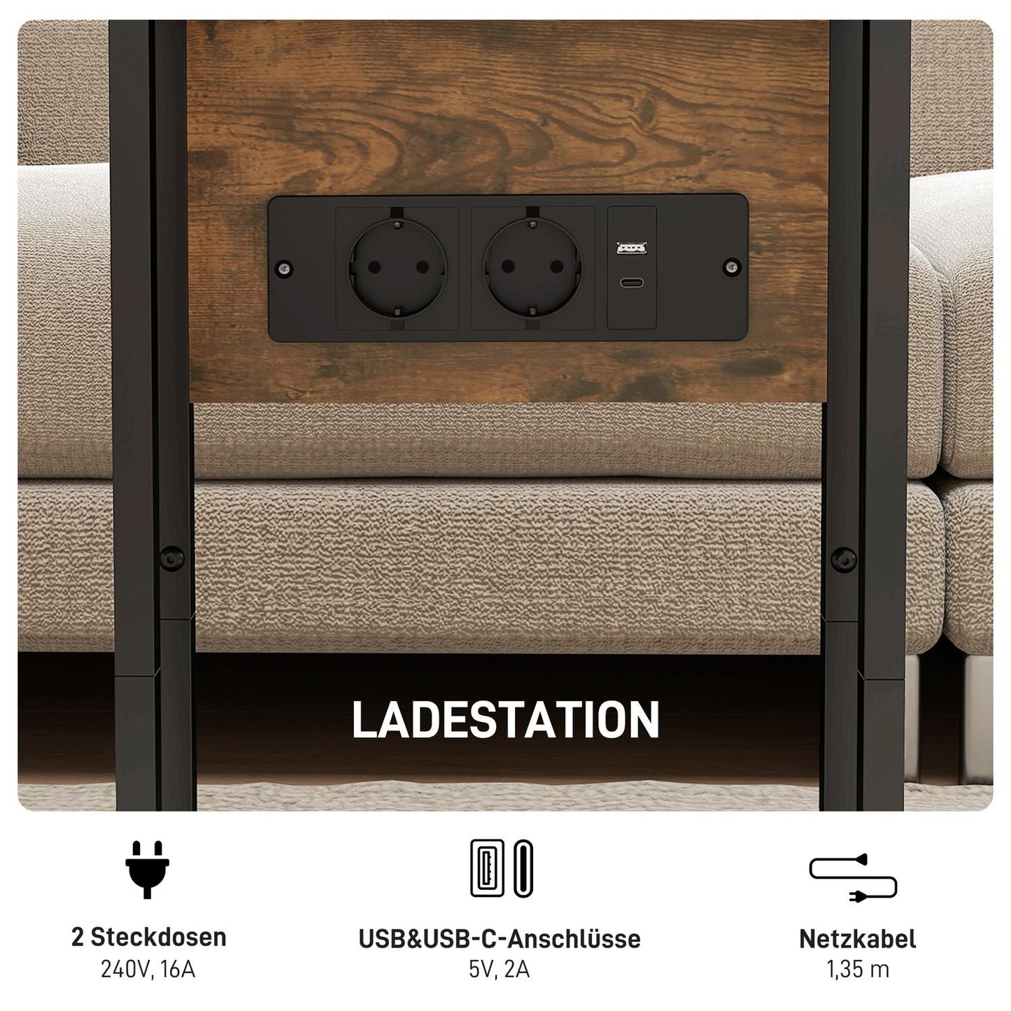 C-Shaped Side Table with Charging Station and Foldable Top
