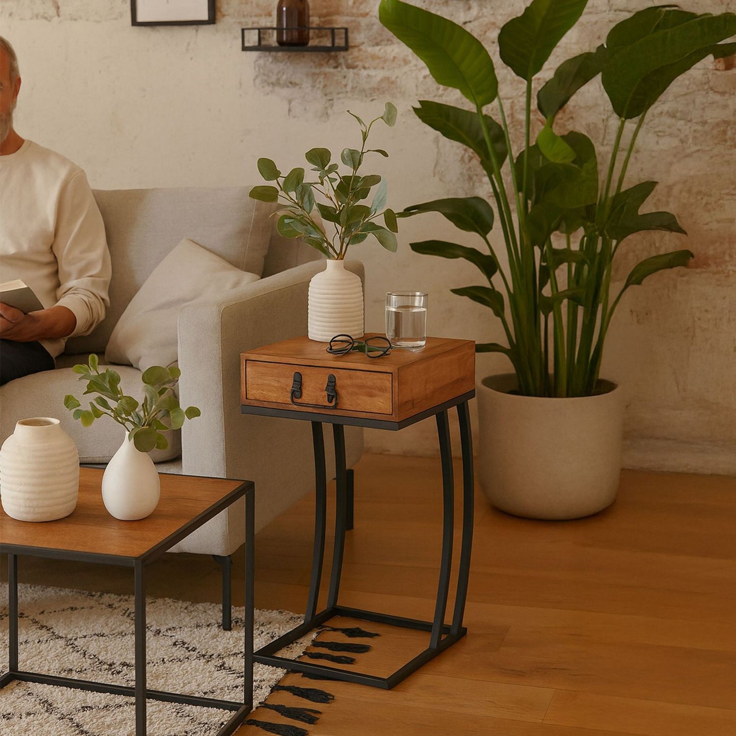 C-Shaped Side Table with Drawer – Wood & Metal