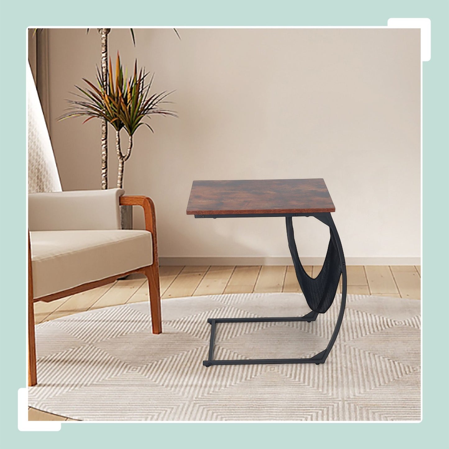 C-Shaped Side Table with Magazine Rack, Wood-Effect Top