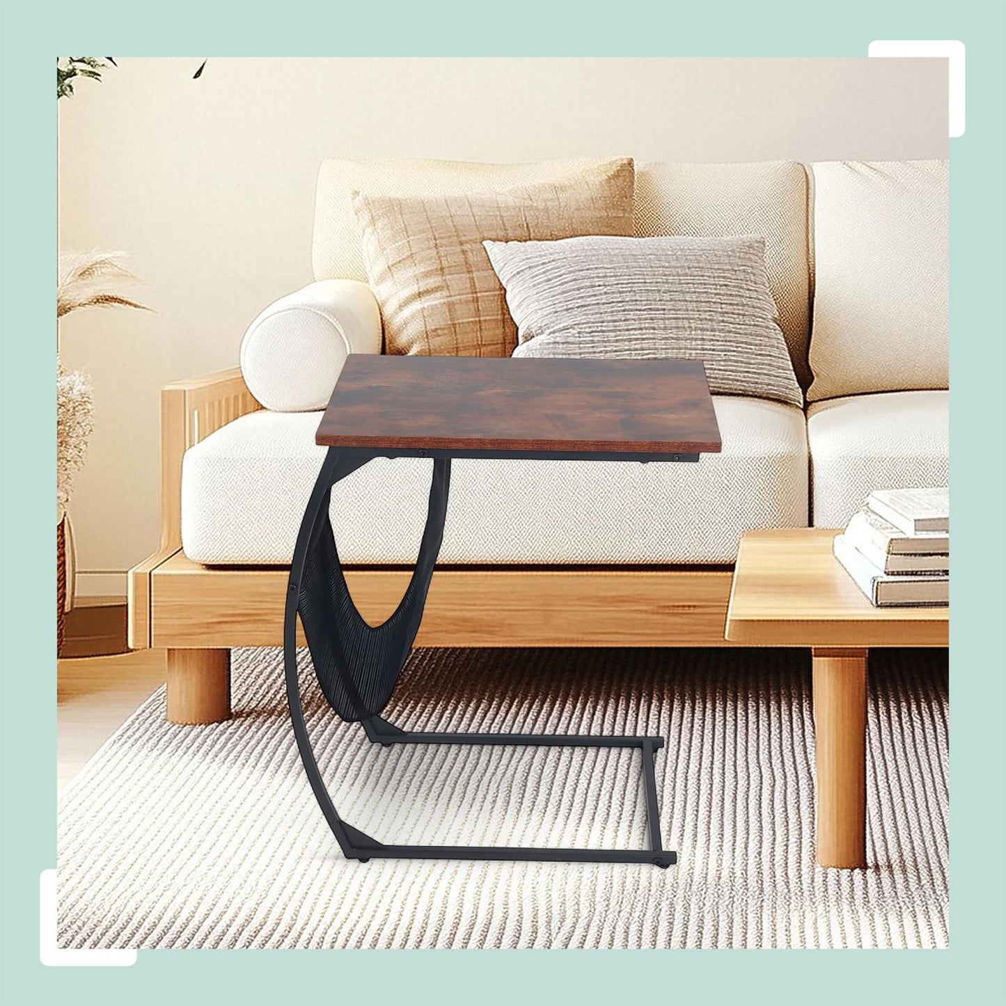 C-Shaped Side Table with Magazine Rack, Wood-Effect Top