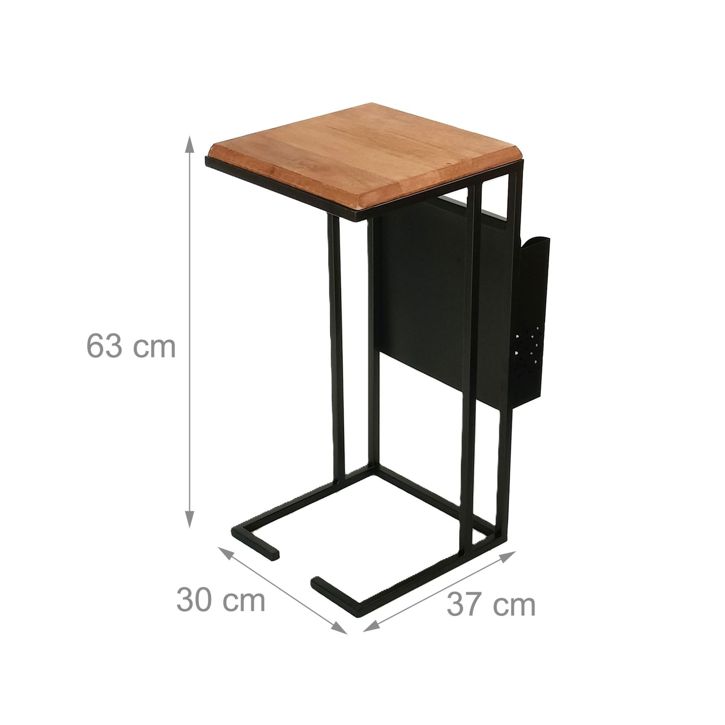 C-Shaped Side Table with Magazine Rack, Wood and Metal