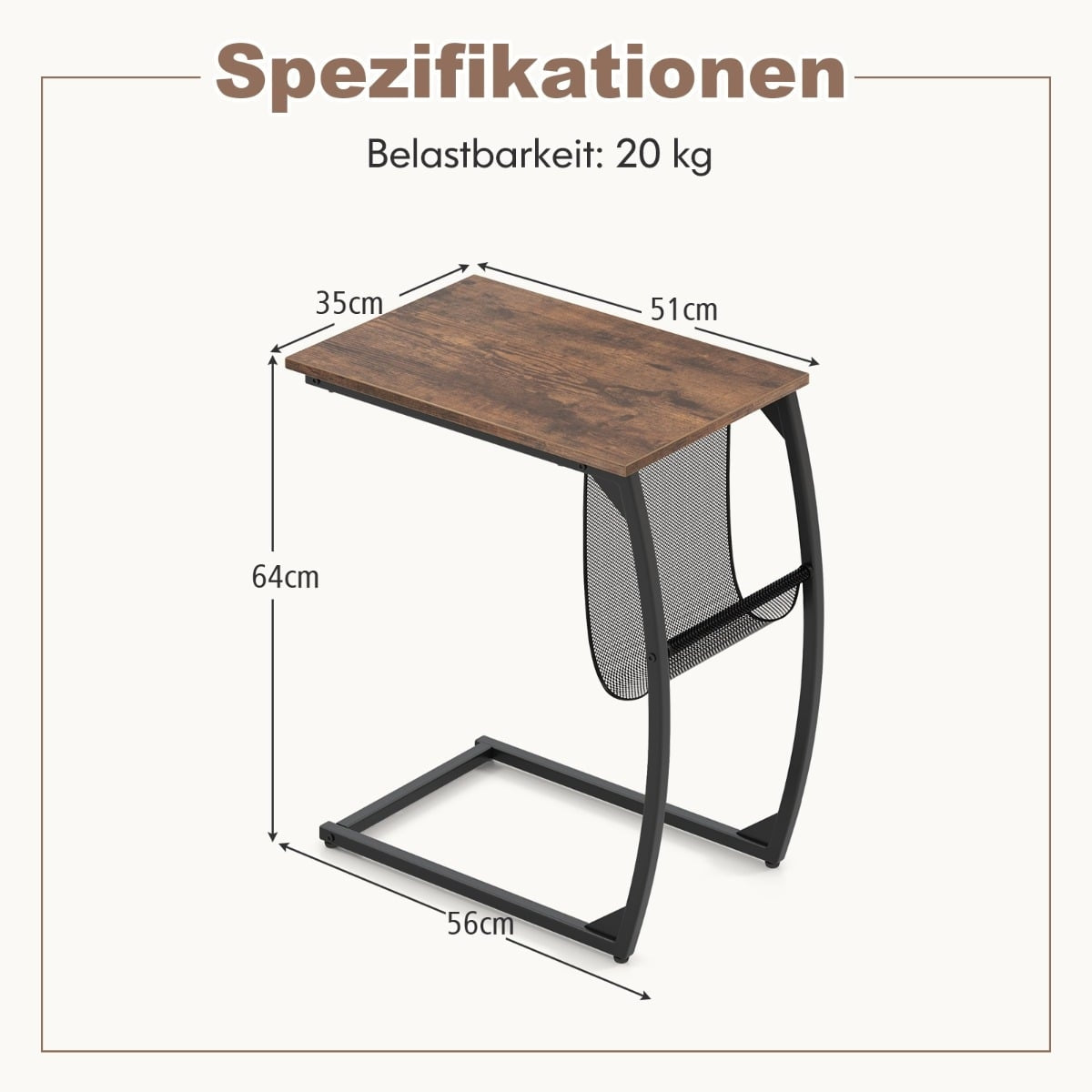 C-Shaped Side Table with Pocket, Space-Saving Design