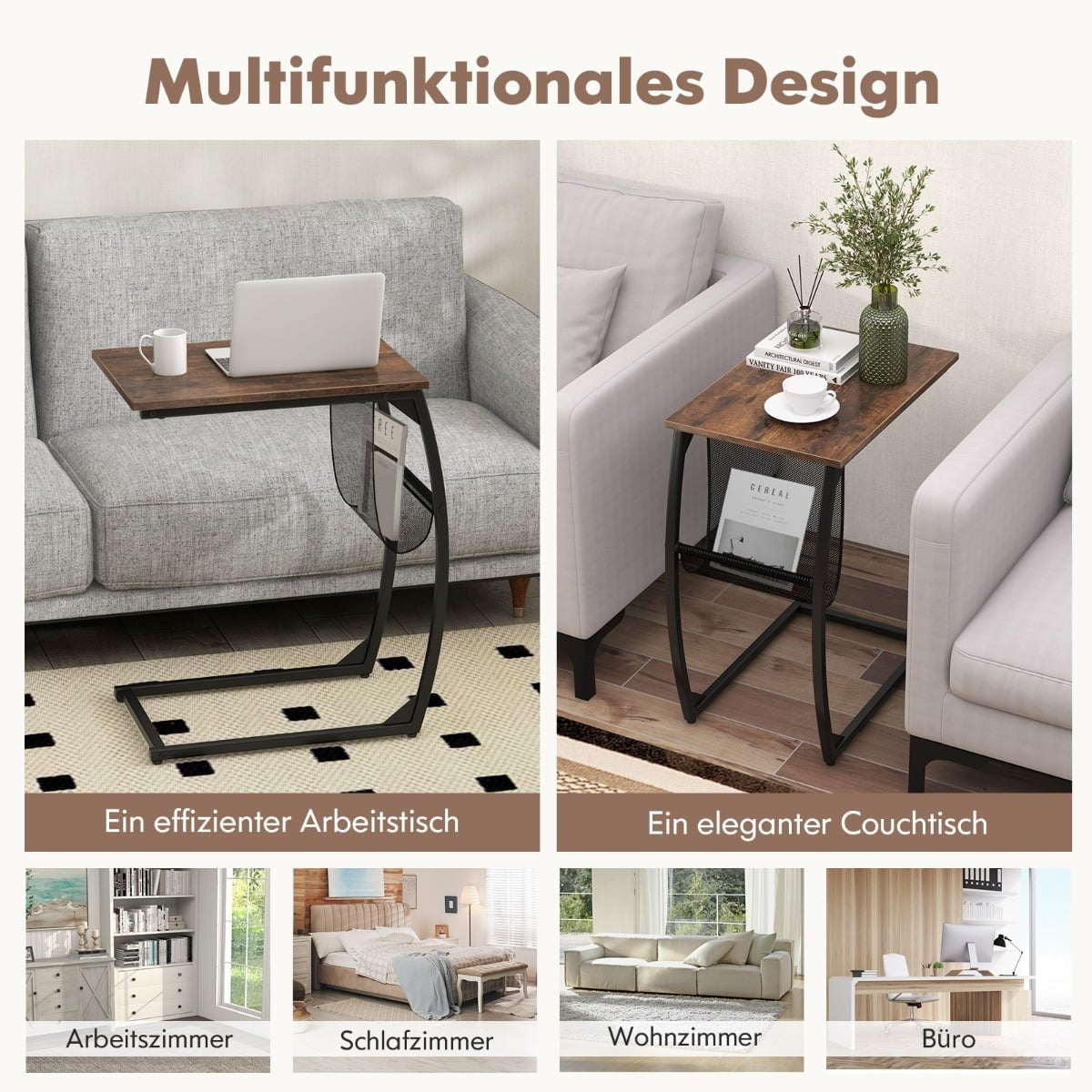C-Shaped Side Table with Pocket, Space-Saving Design