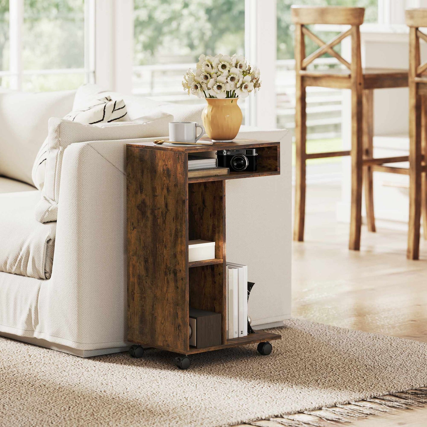C-Shaped Side Table with Wheels, 3 Shelves, Rustic Brown