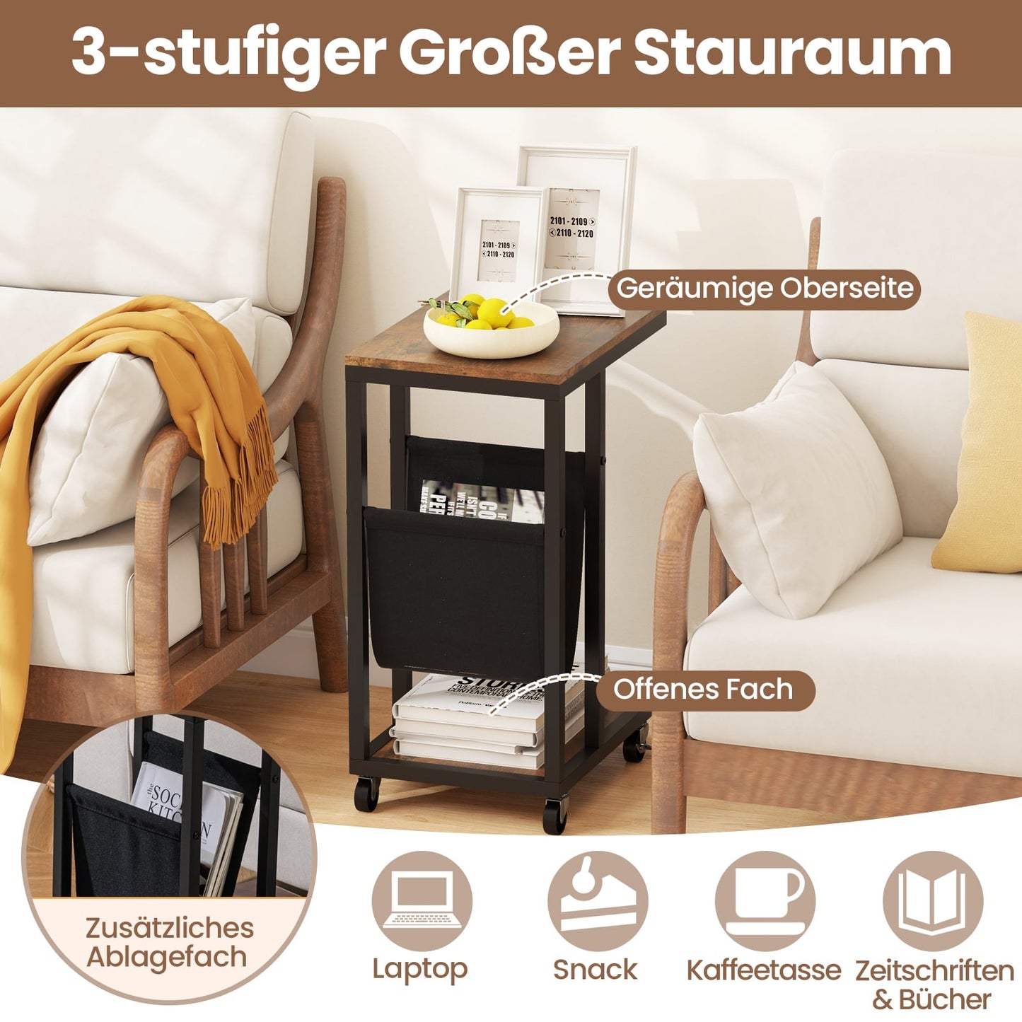 C-Shaped Side Table with Wheels, Metal Frame, Storage