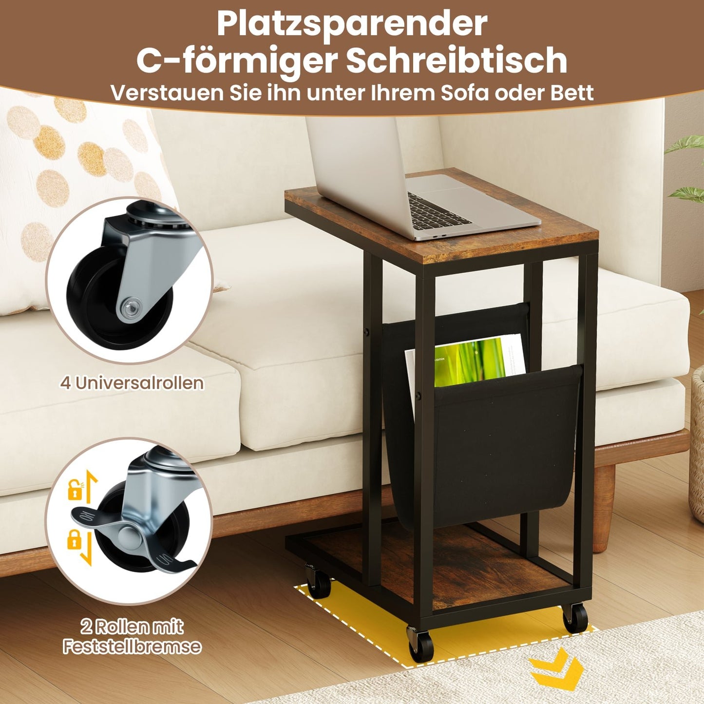 C-Shaped Side Table with Wheels, Metal Frame, Storage