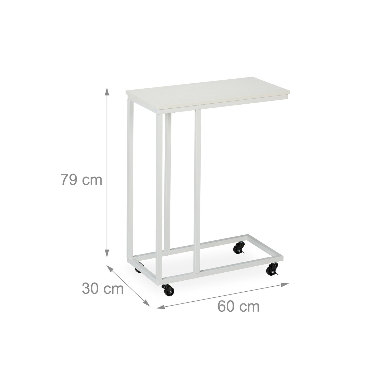 C-Shaped Side Table with Wheels, Metal and MDF