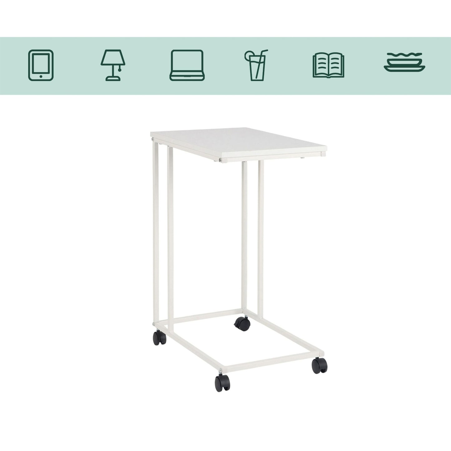 C-Shaped Side Table with Wheels – Wood-Effect Top