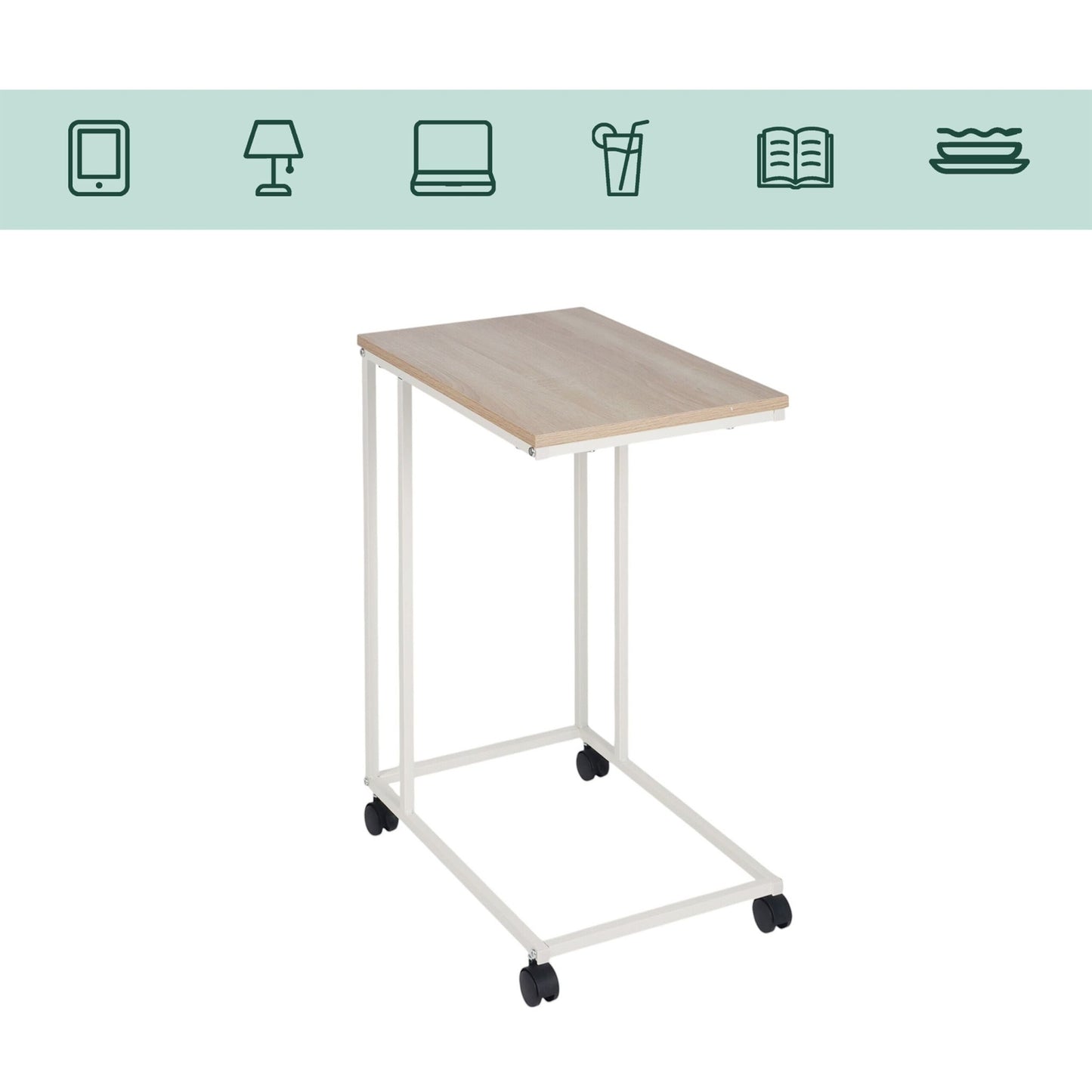 C-Shaped Side Table with Wheels – Wood-Effect Top