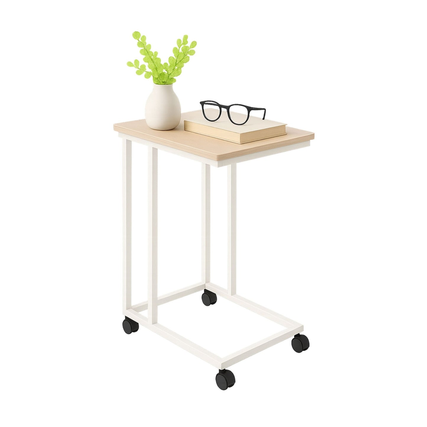 C-Shaped Side Table with Wheels – Wood-Effect Top