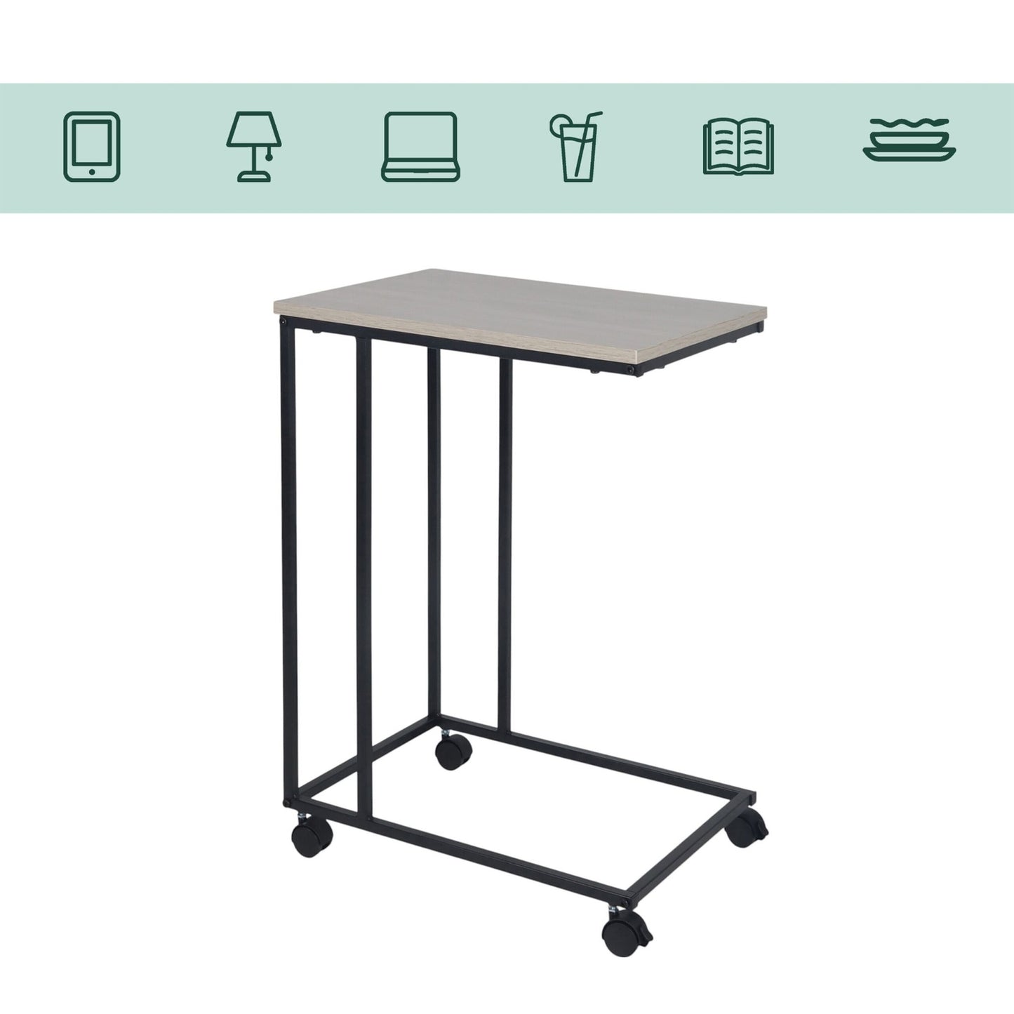 C-Shaped Side Table with Wheels – Wood-Effect Top