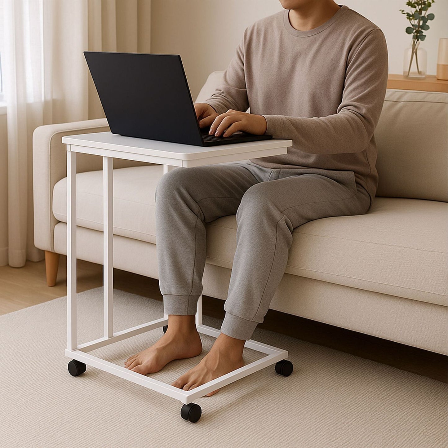 C-Shaped Side Table with Wheels – Wood-Effect Top