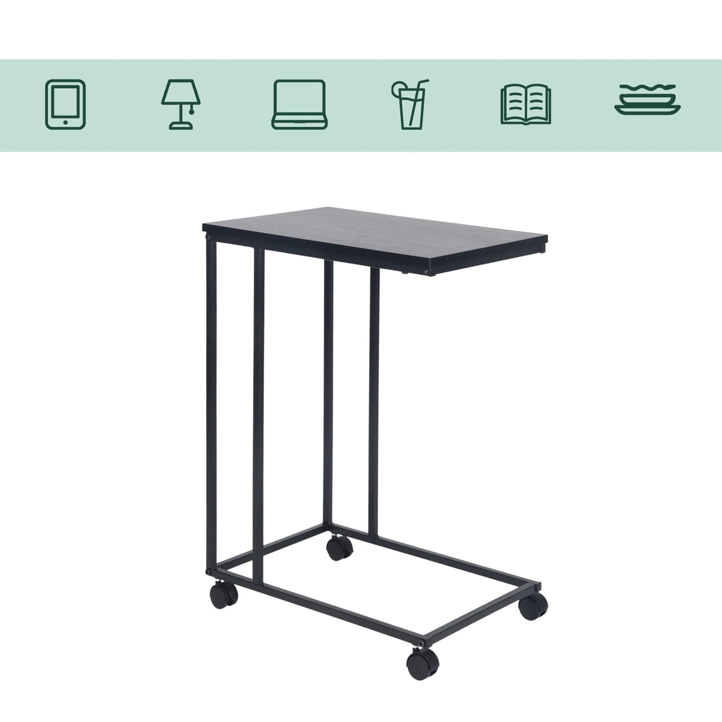 C-Shaped Side Table with Wheels – Wood-Effect Top