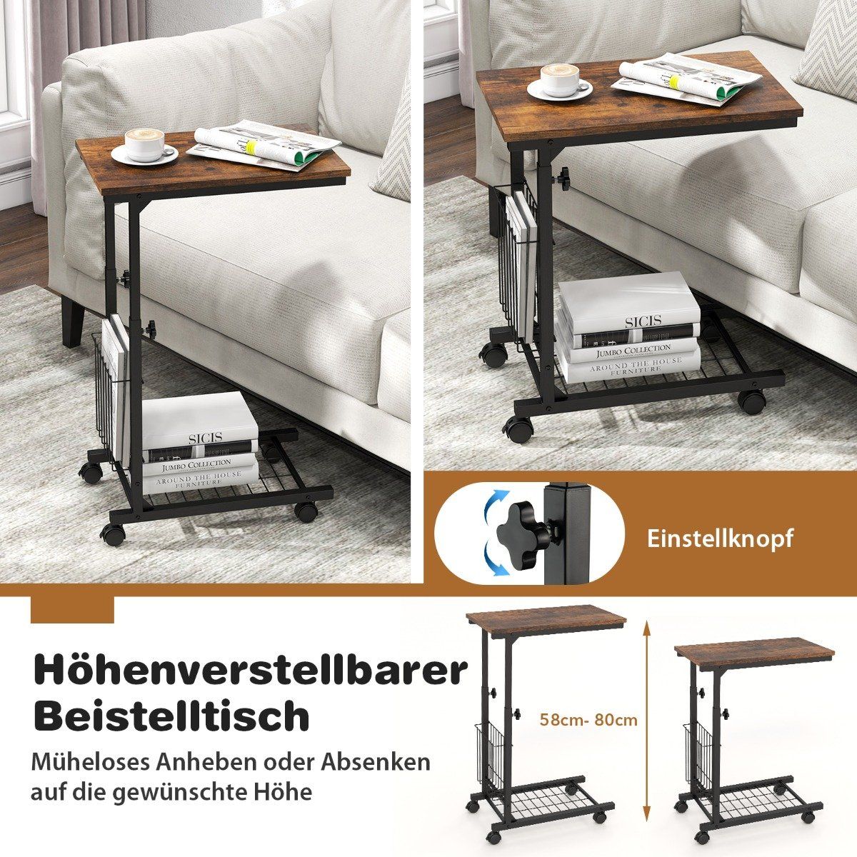 C Shaped Sofa Table Adjustable Side Table with Storage Basket Rustic Brown