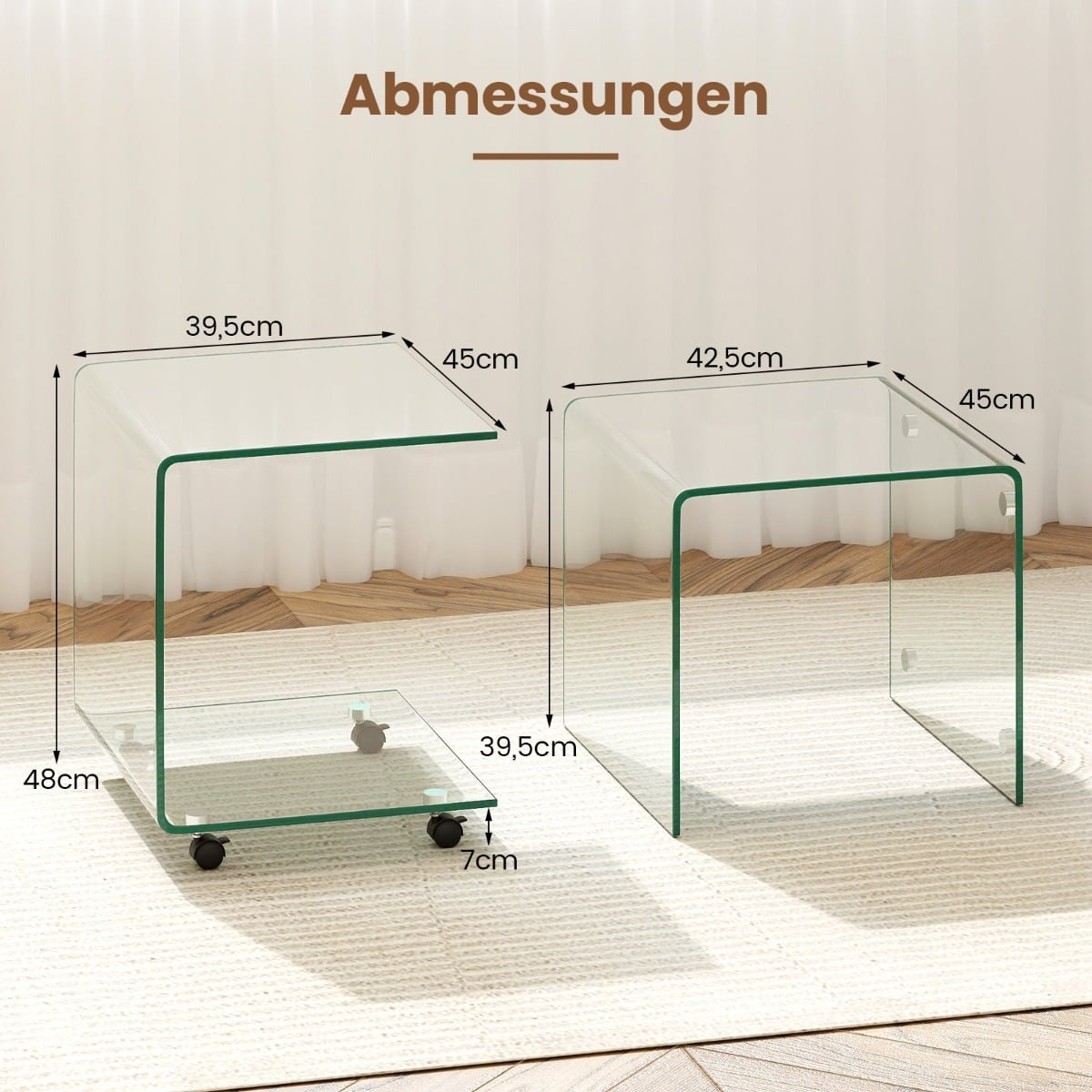 C-Shaped Tempered Glass Side Table with Wheels