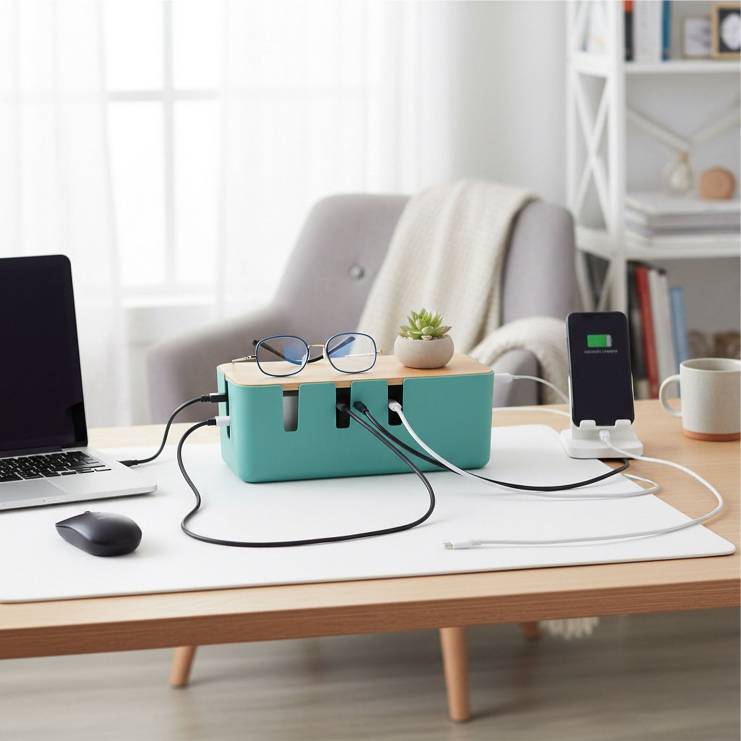 Cable Storage Box with Wooden Lid for Socket Strips