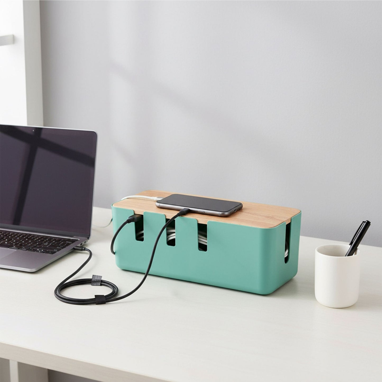 Cable Storage Box with Wooden Lid for Socket Strips