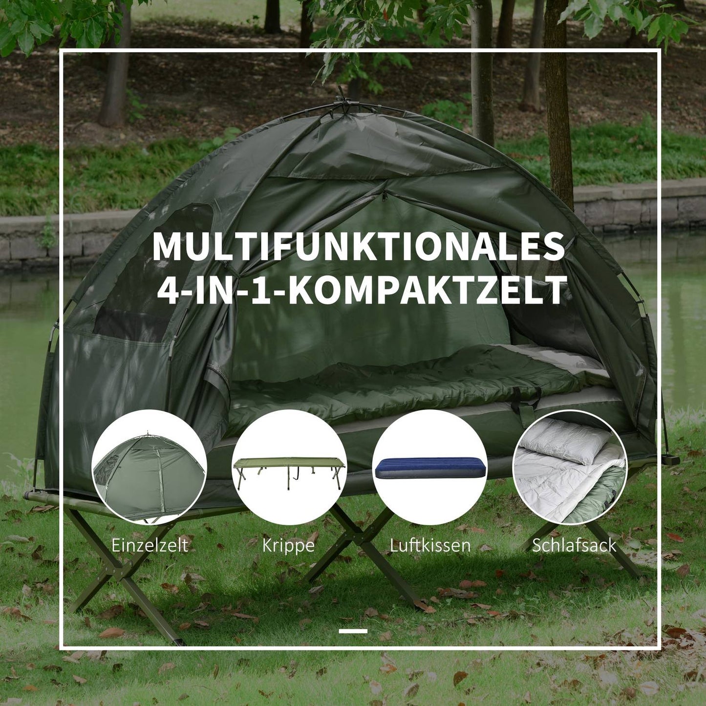 Camp bed with tent, sleeping bag & mattress - dark green