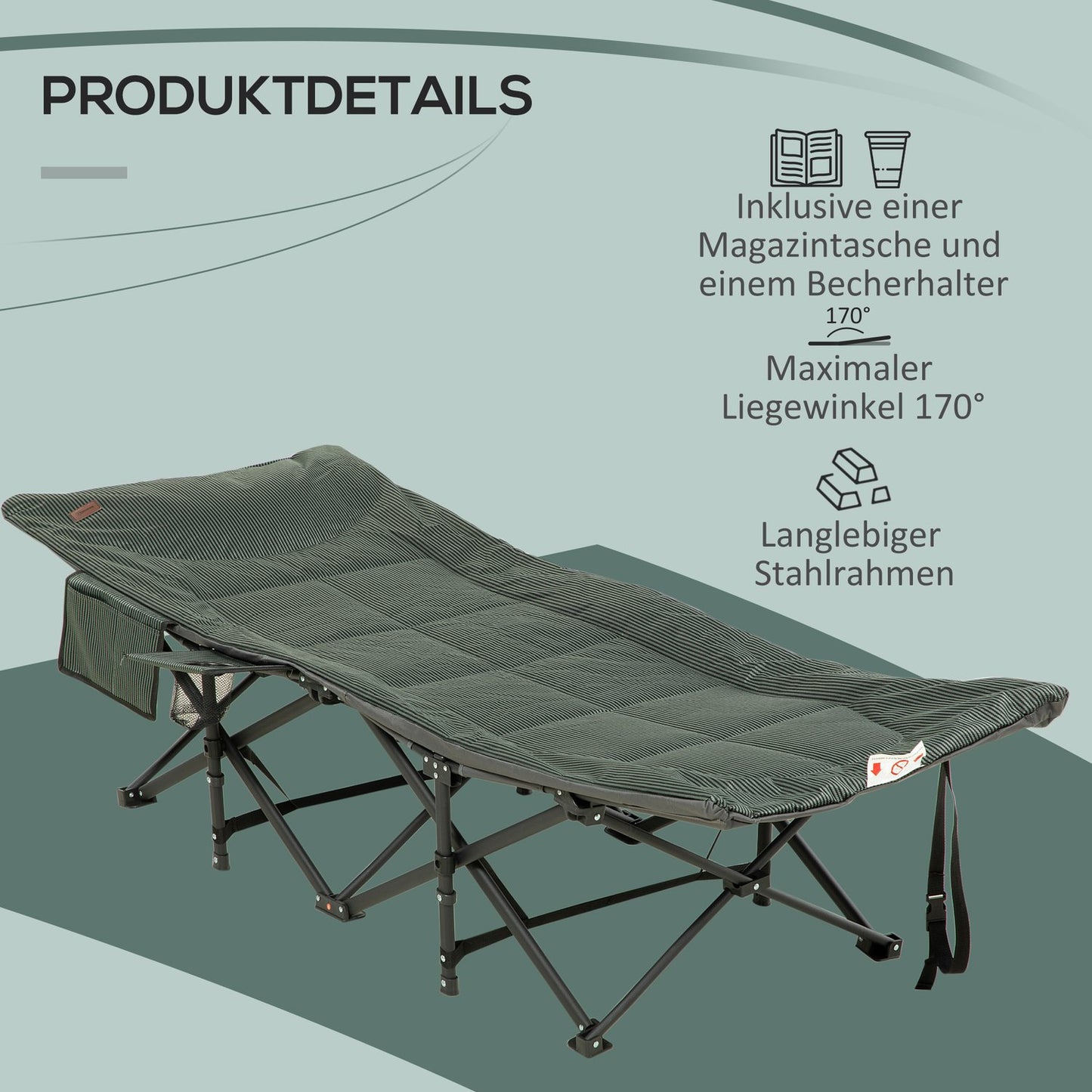 Folding camping bed with bag, grey, supports 120 kg