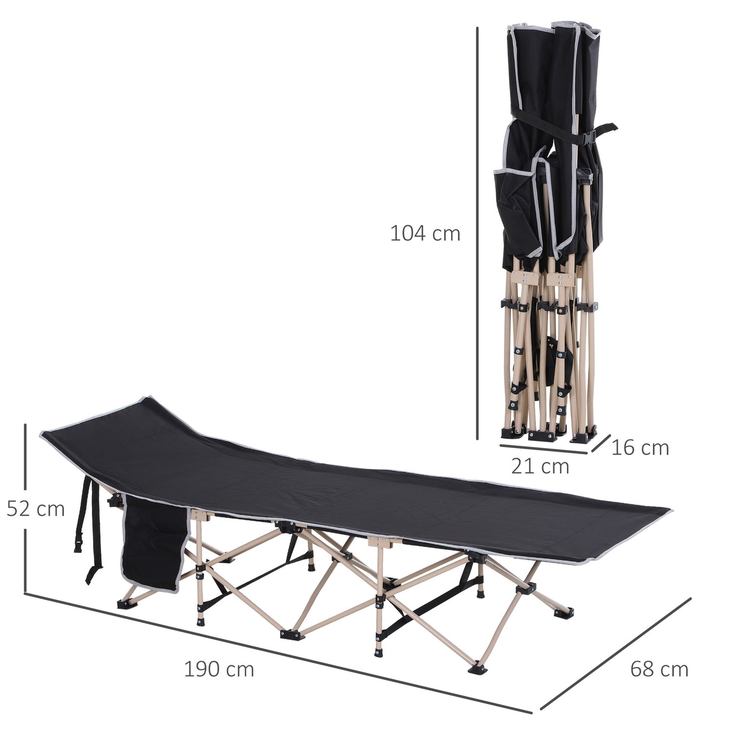Folding camping bed with storage bag, black Oxford fabric