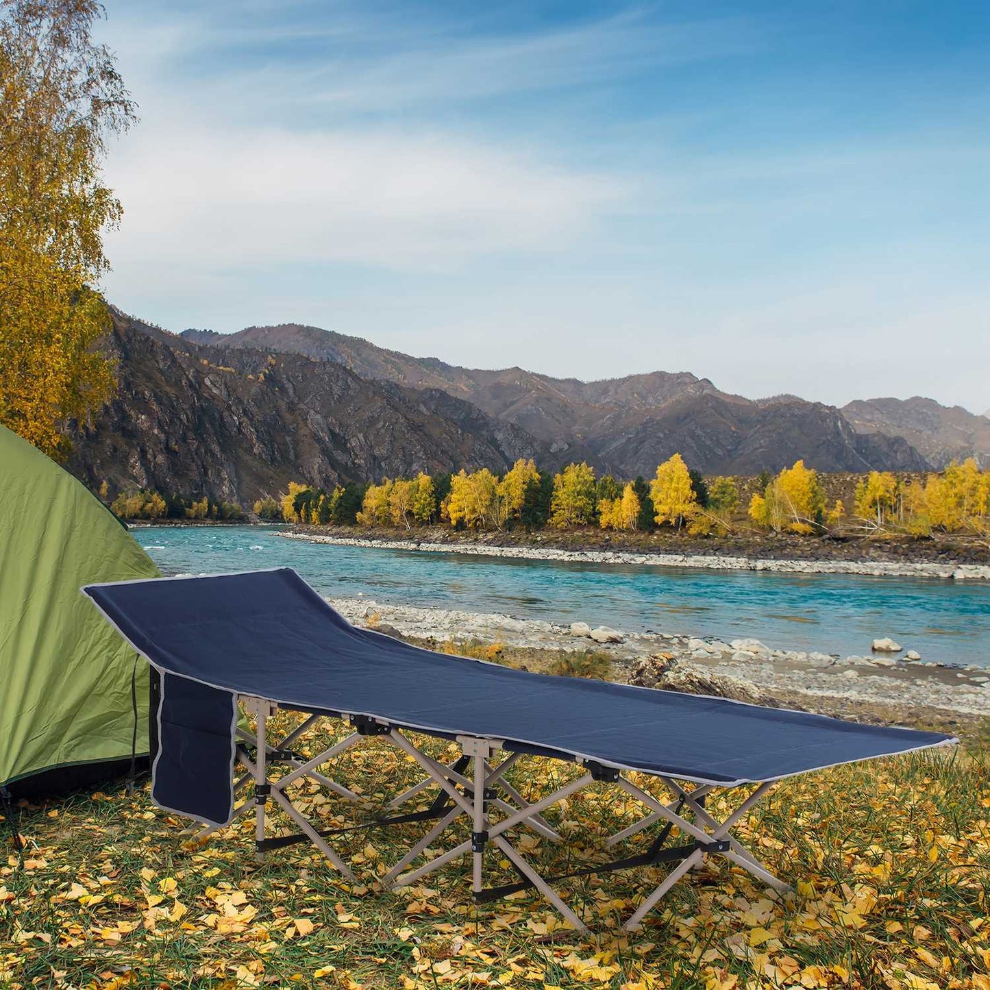 Folding steel camping bed with storage bag, 190x68x52cm