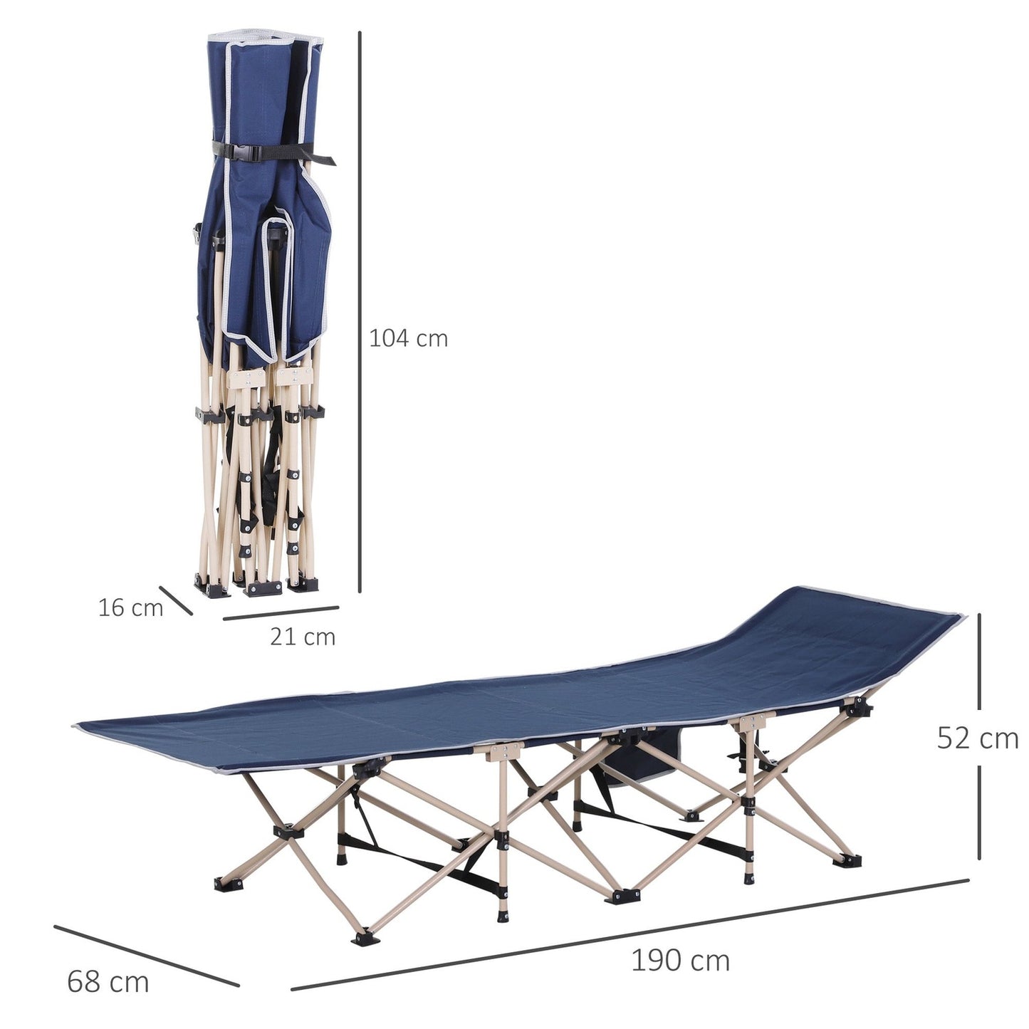 Folding steel camping bed with storage bag, 190x68x52cm