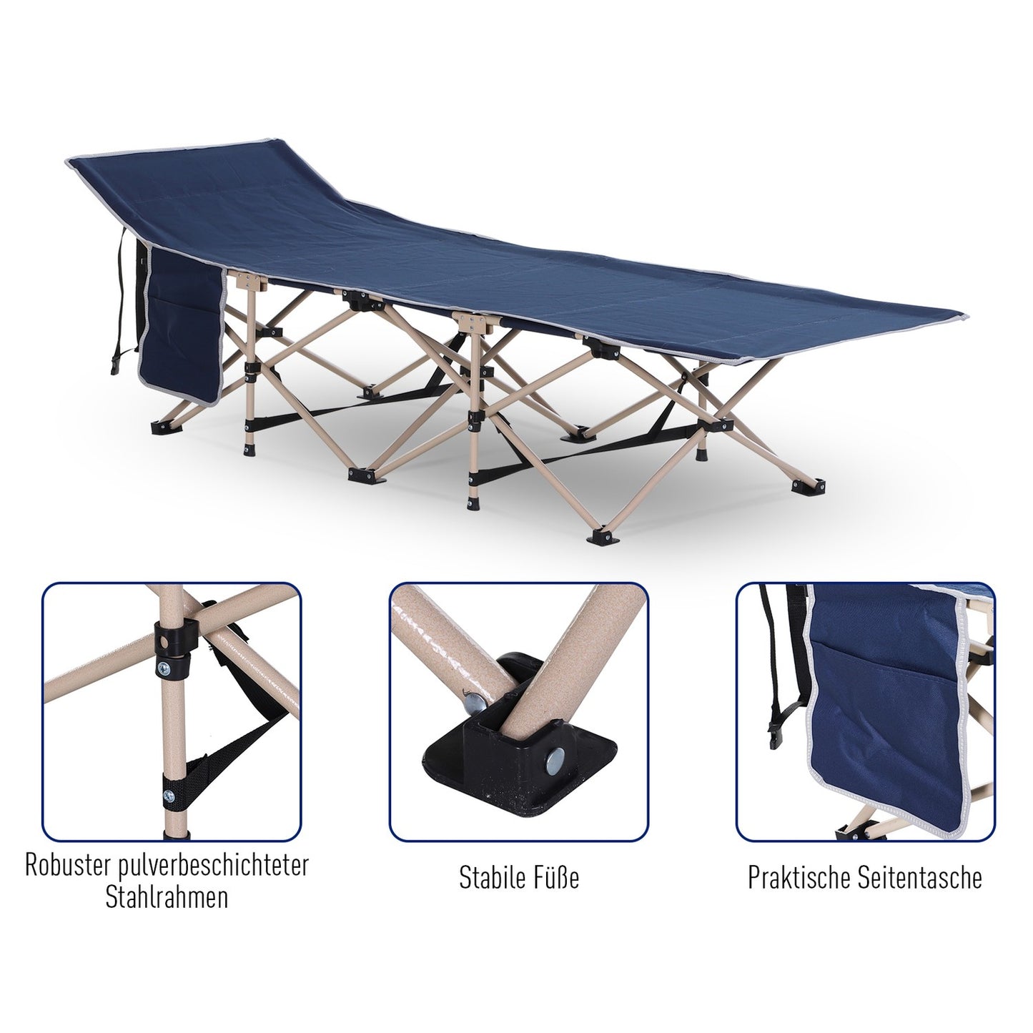 Folding steel camping bed with storage bag, 190x68x52cm