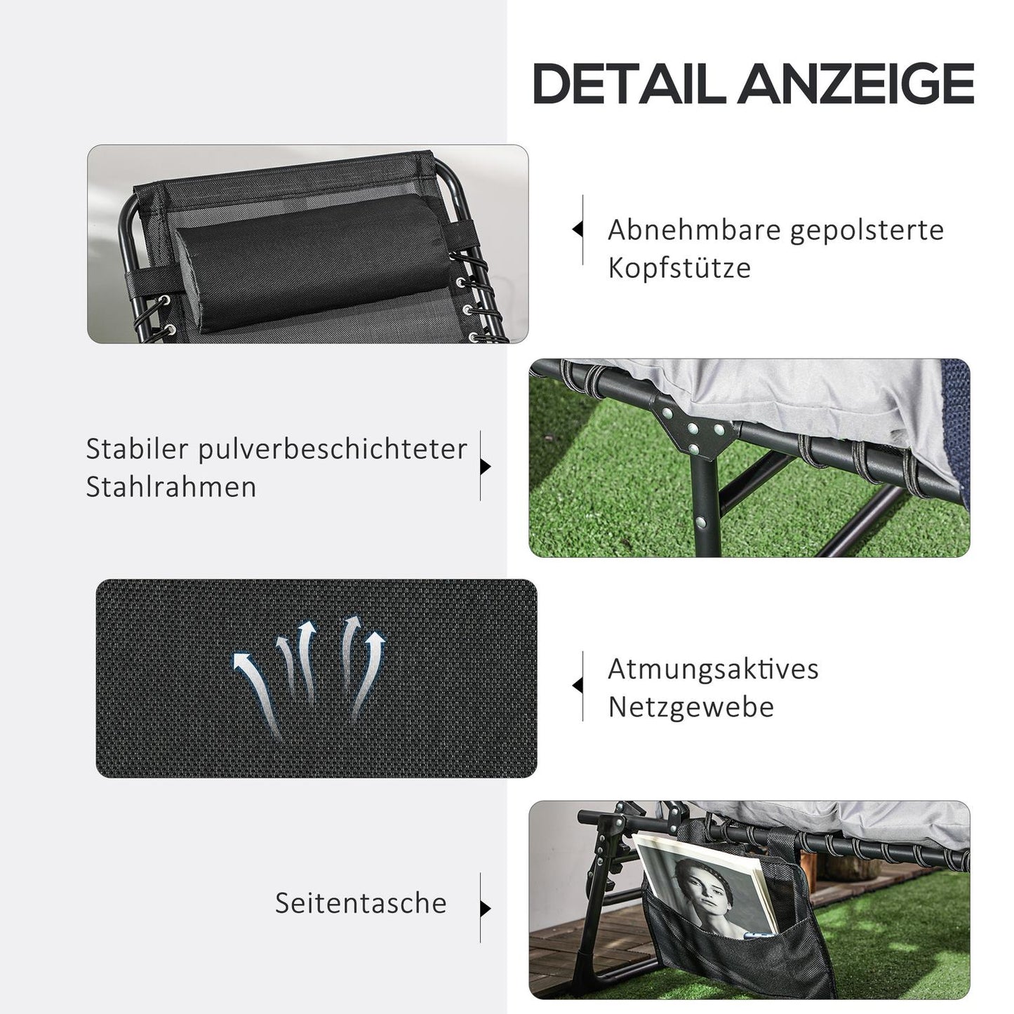 Folding camping bed with bag - Adjustable to 120 kg, light grey