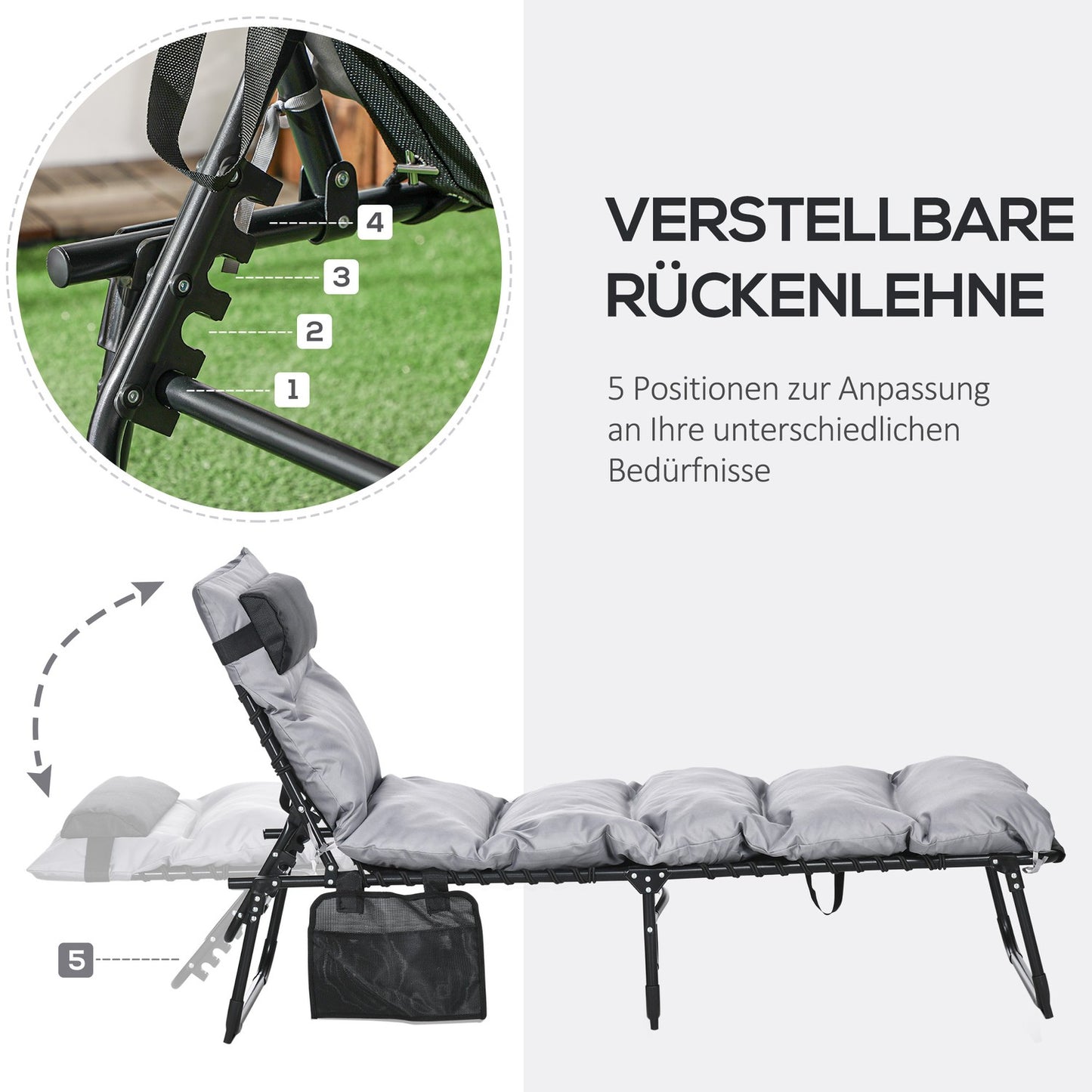 Folding camping bed with bag - Adjustable to 120 kg, light grey