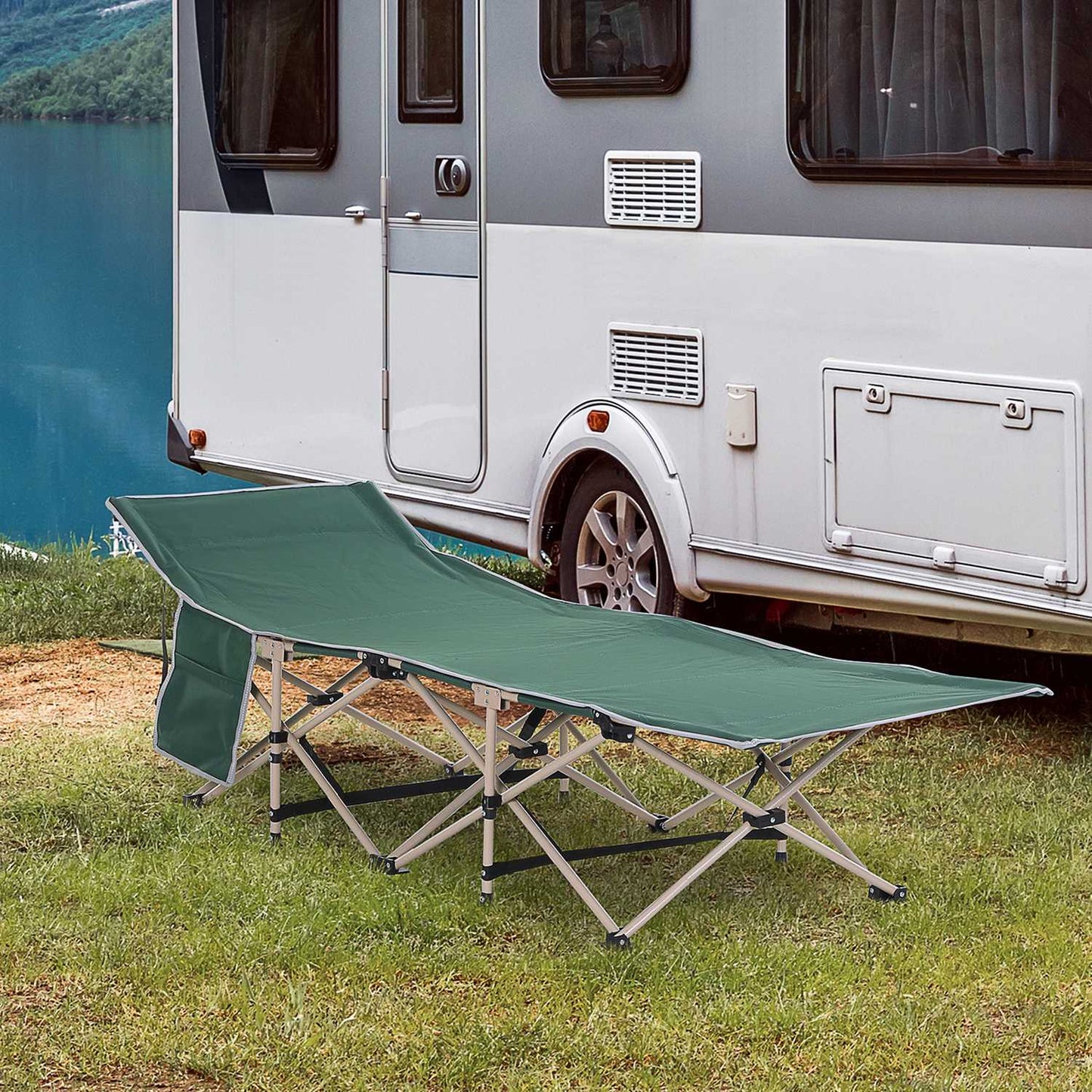 Folding camping bed with carry bag - Steel frame, green