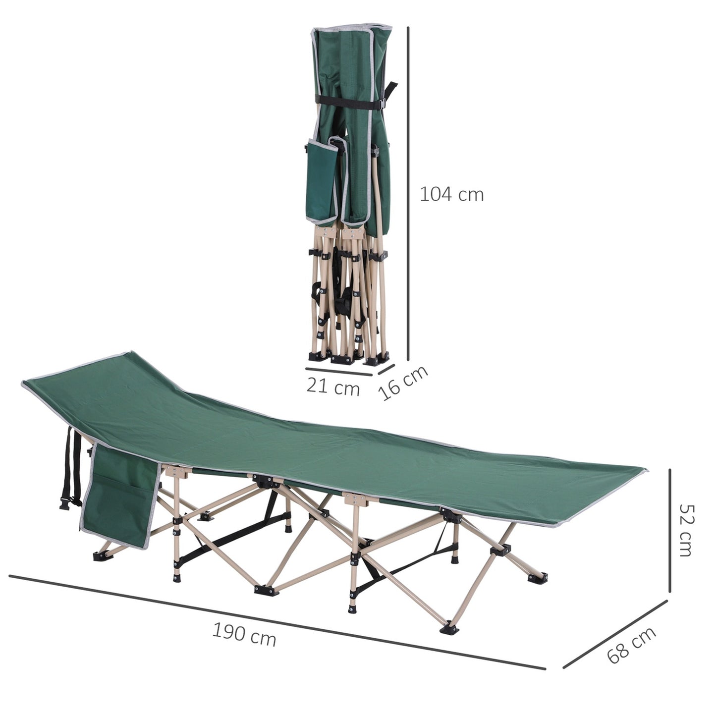 Folding camping bed with carry bag - Steel frame, green