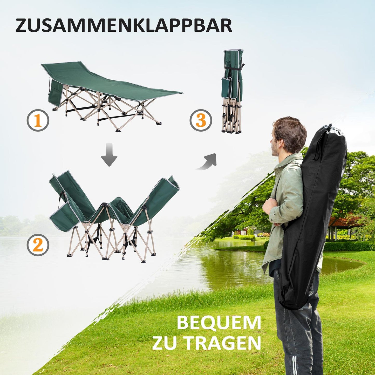 Folding camping bed with carry bag - Steel frame, green