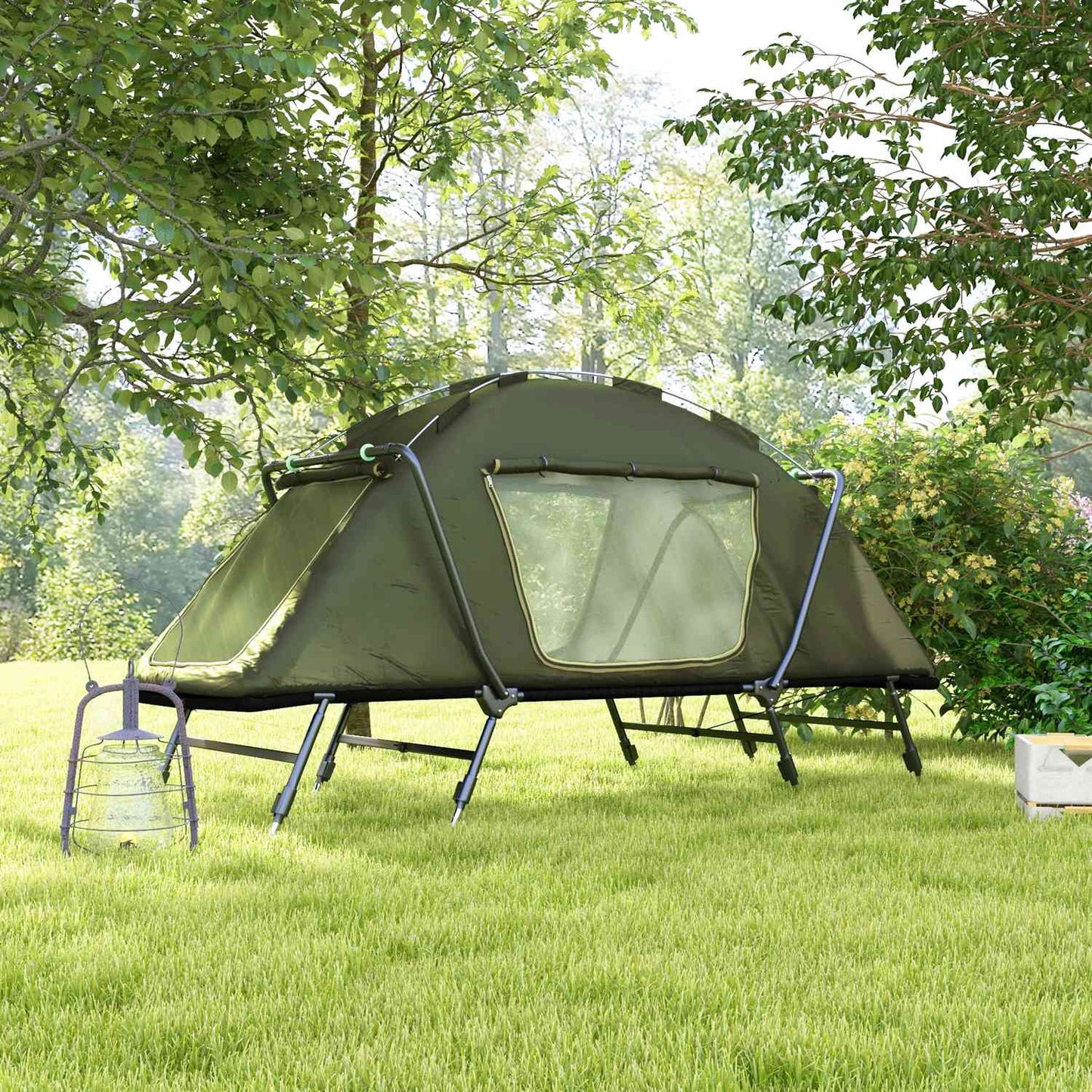 Raised camp bed with tent - UV protection and rain protection