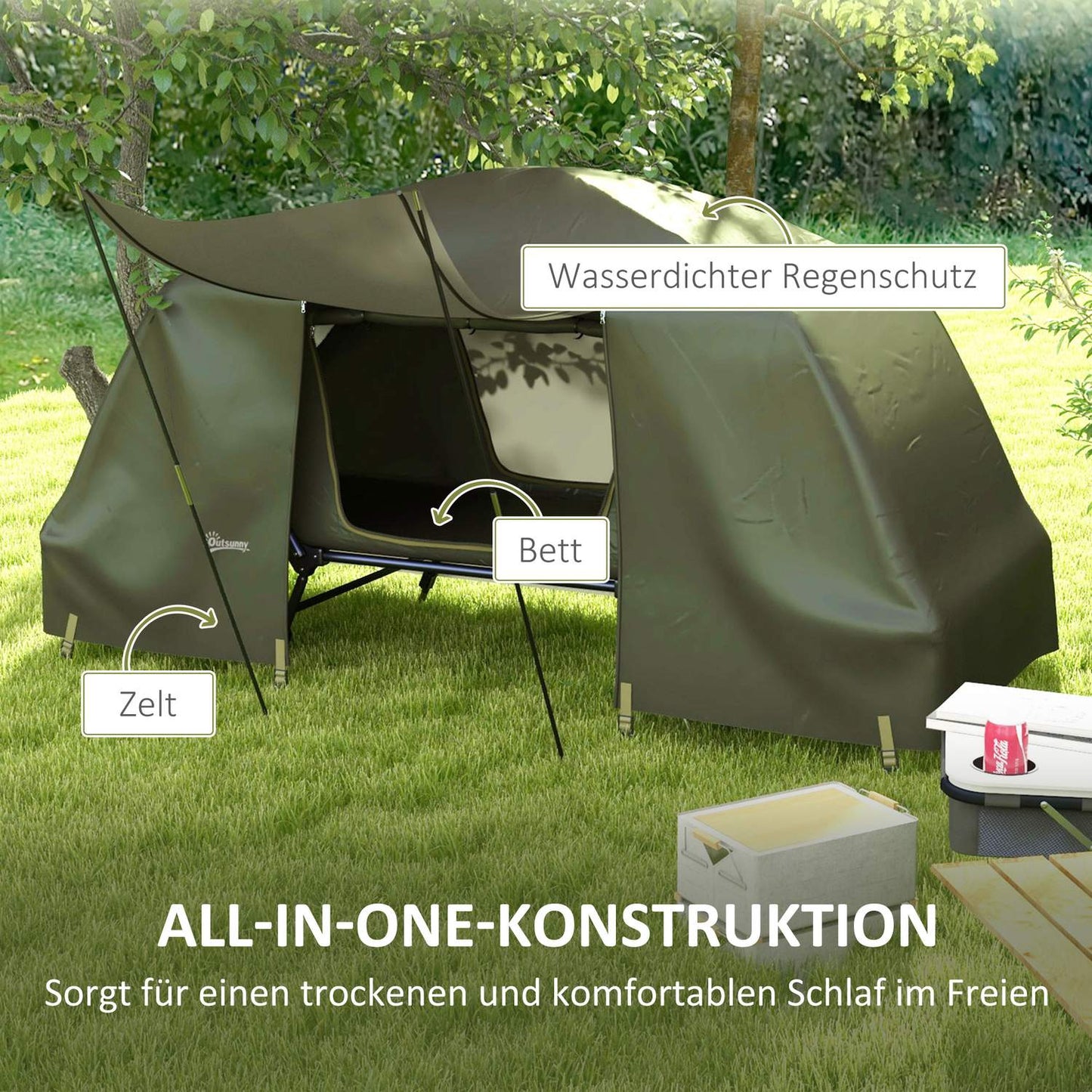 Raised camp bed with tent - UV protection and rain protection