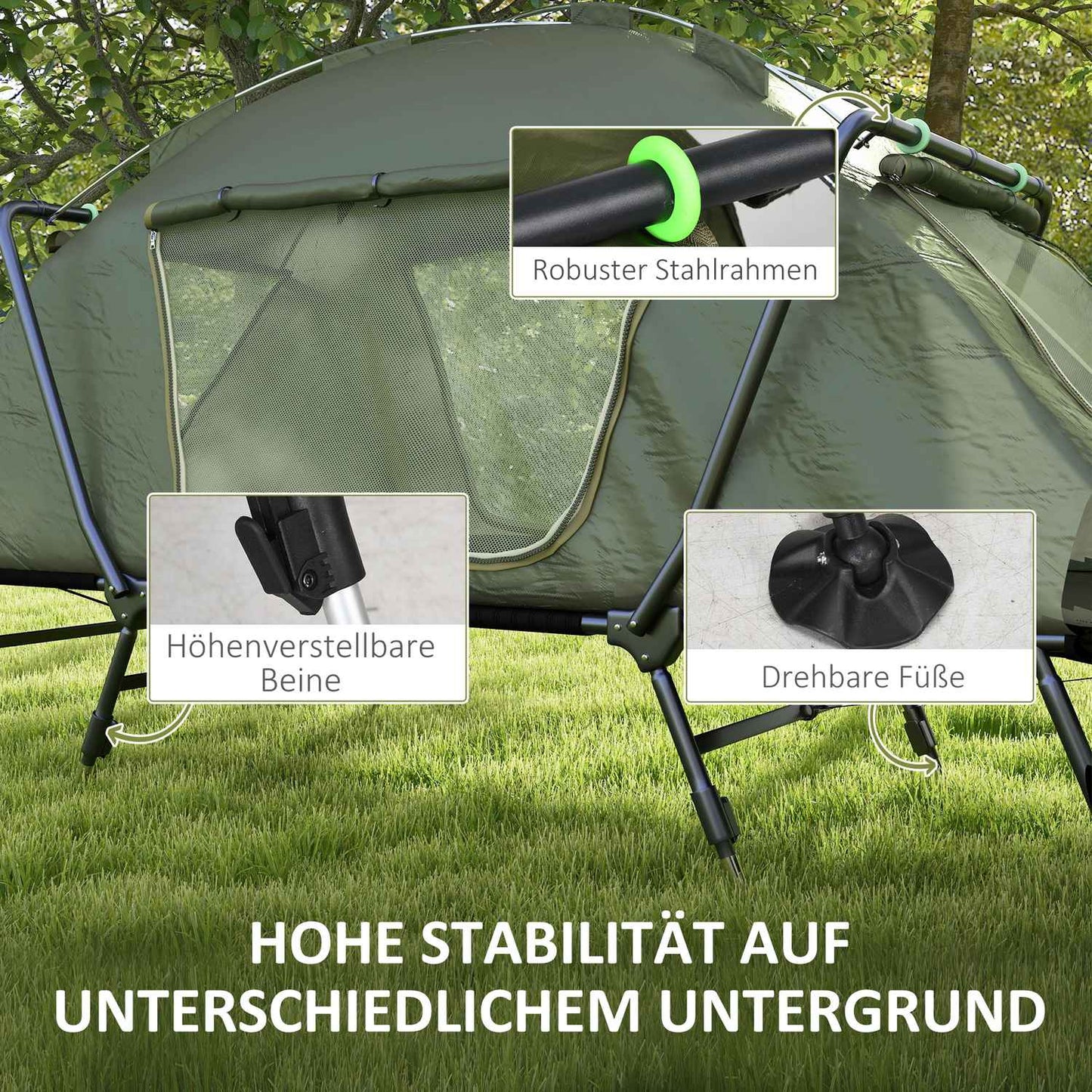 Raised camp bed with tent - UV protection and rain protection