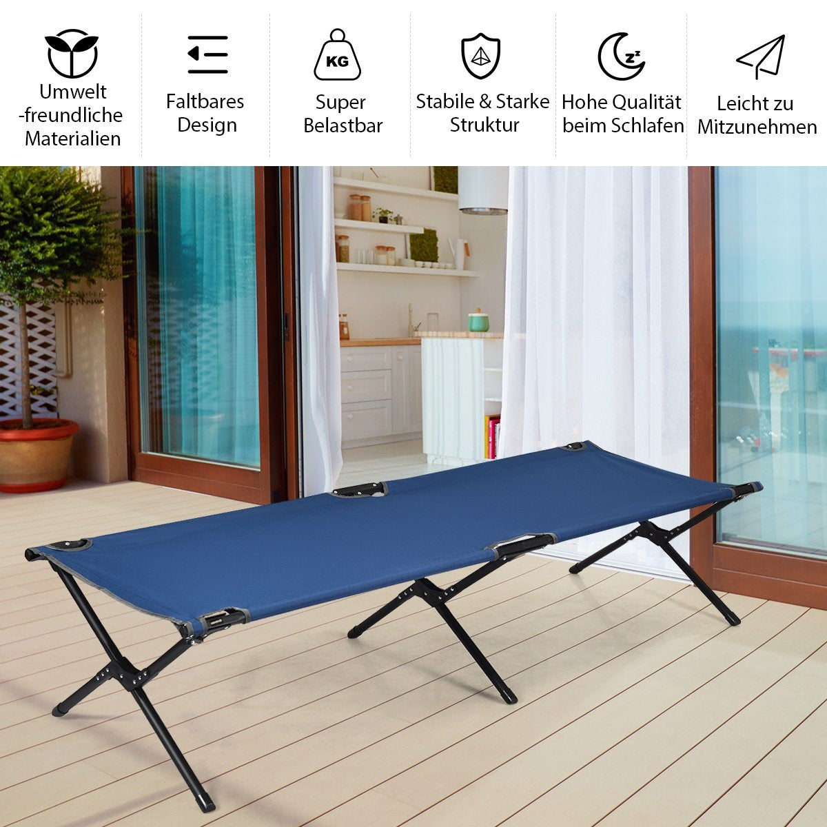 Camp bed, camping bed, metal frame, foldable folding bed, loads up to 135 kg, 190 x 67 x 42 cm, blue