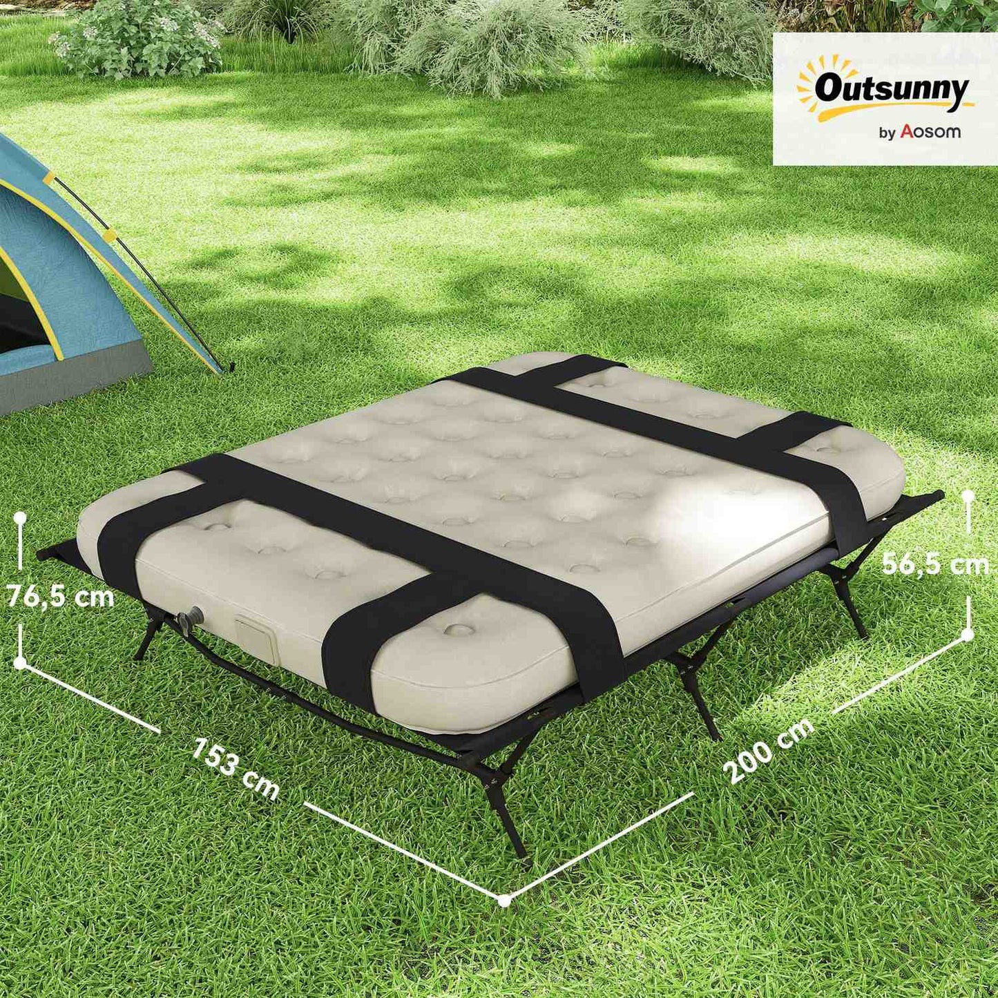 Camping bed with air mattress, pump, 200x153 cm, 200kg load