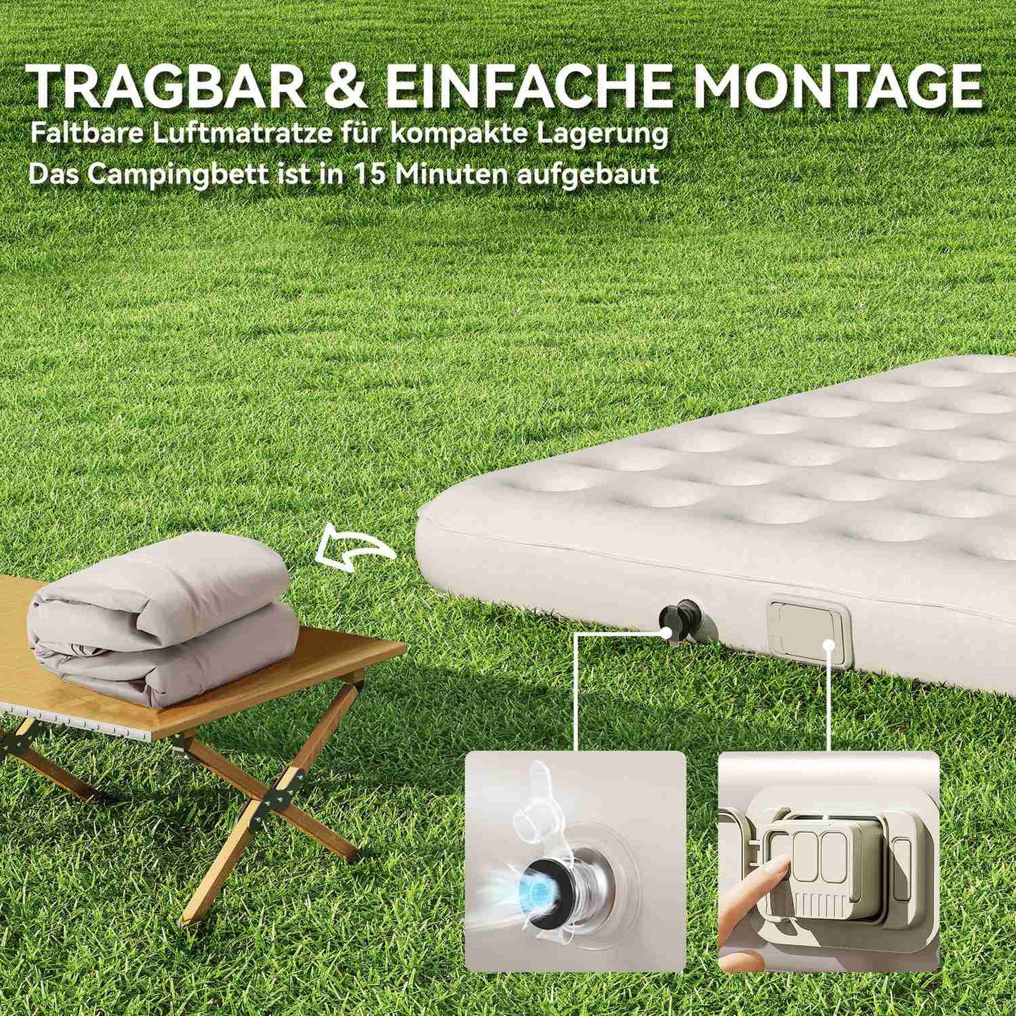Camping bed with air mattress, pump, 200x153 cm, 200kg load