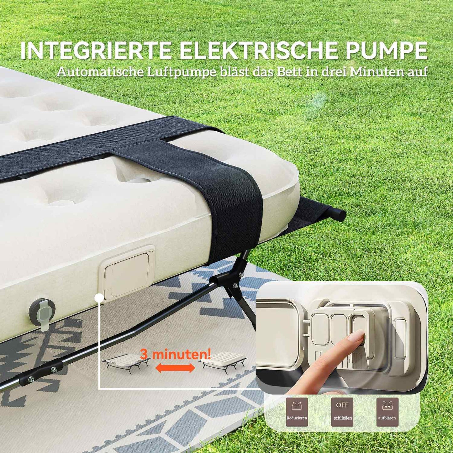 Camping bed with air mattress, pump, 200x153 cm, 200kg load