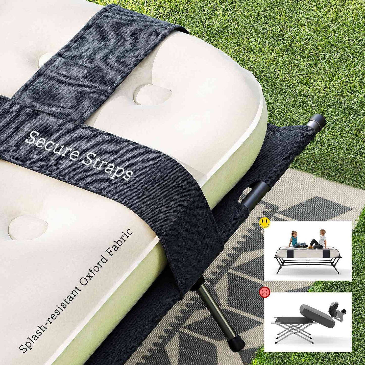 Camping bed with air mattress, pump, 200x153 cm, 200kg load