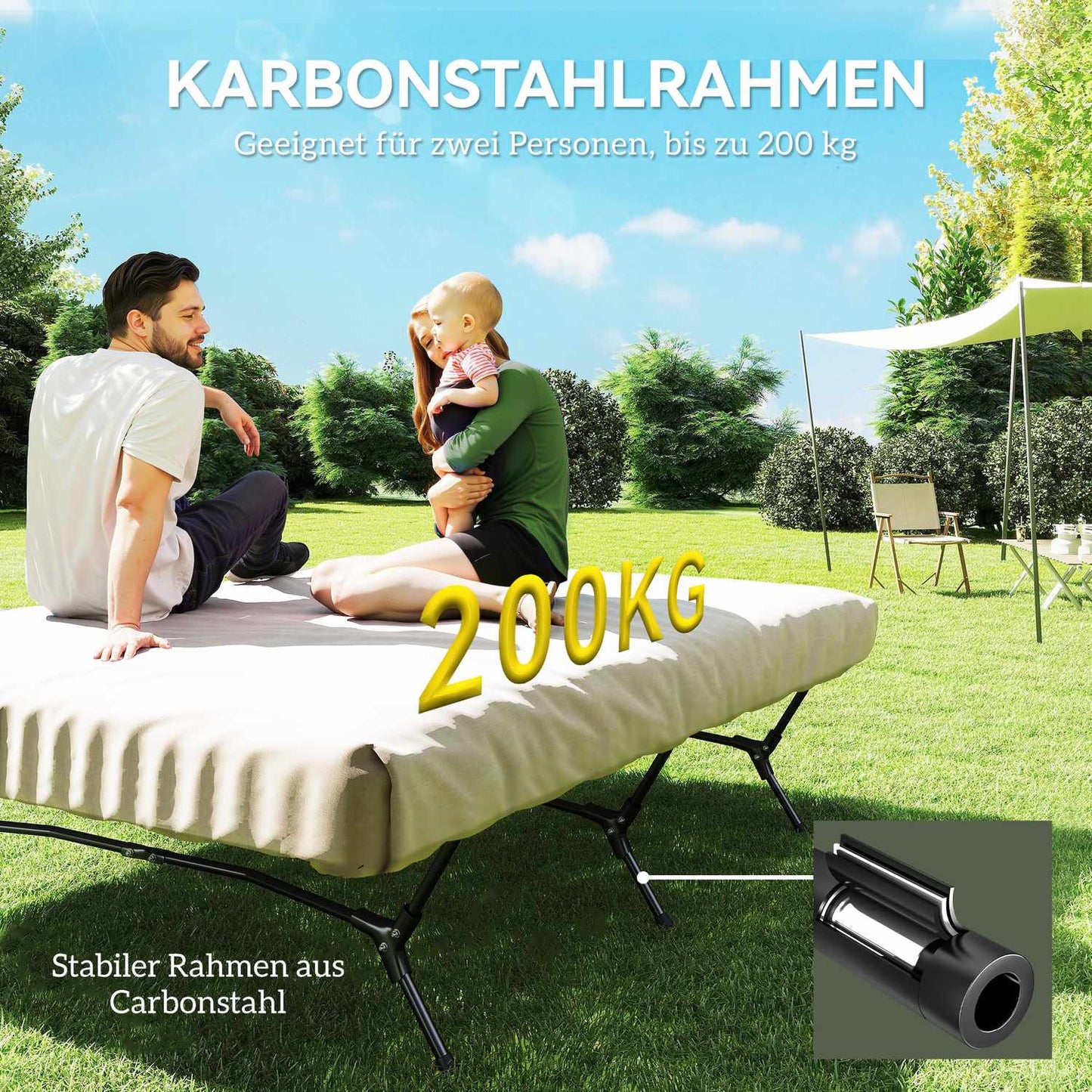 Camping bed with air mattress, pump, 200x153 cm, 200kg load