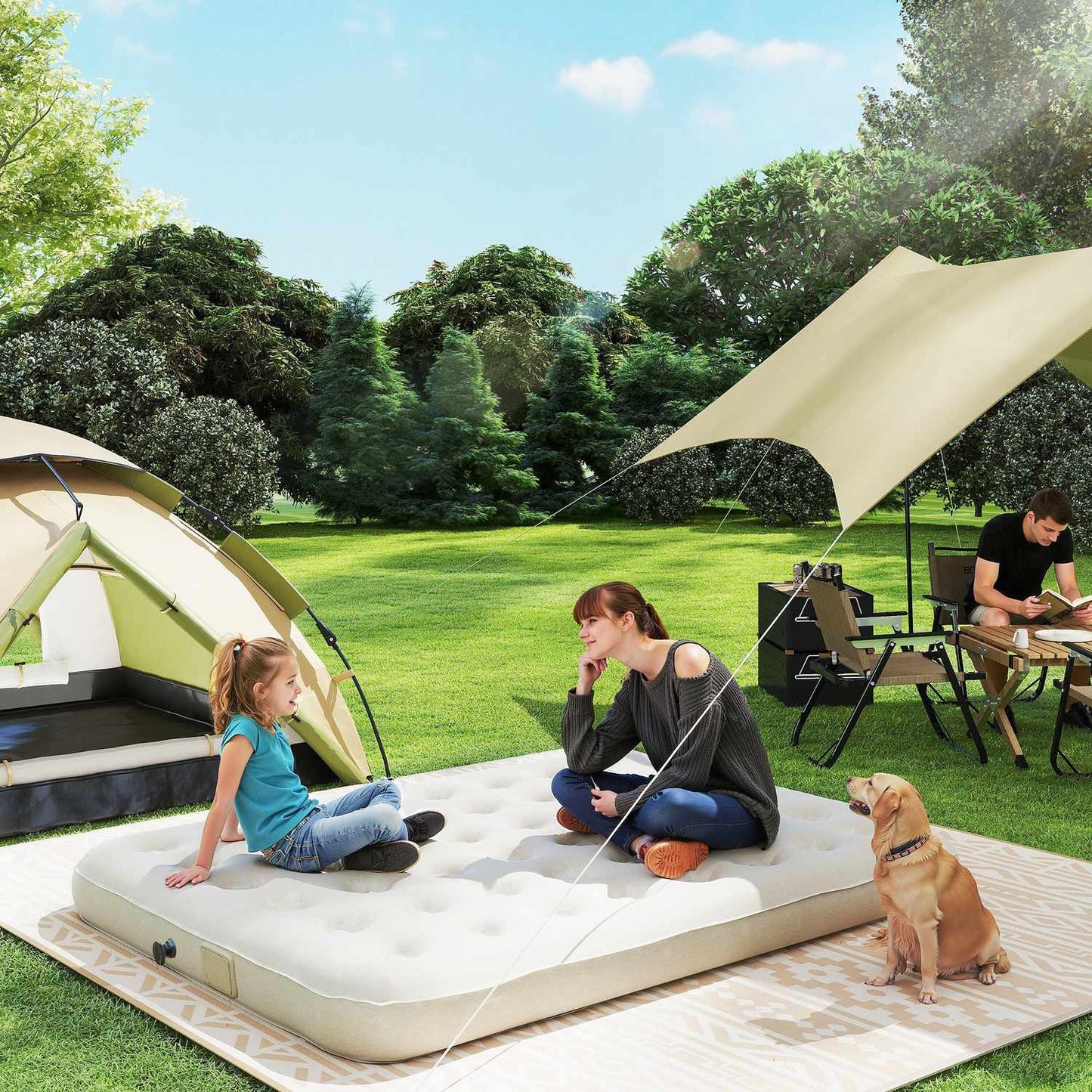 Camping bed with air mattress, pump, 200x153 cm, 200kg load