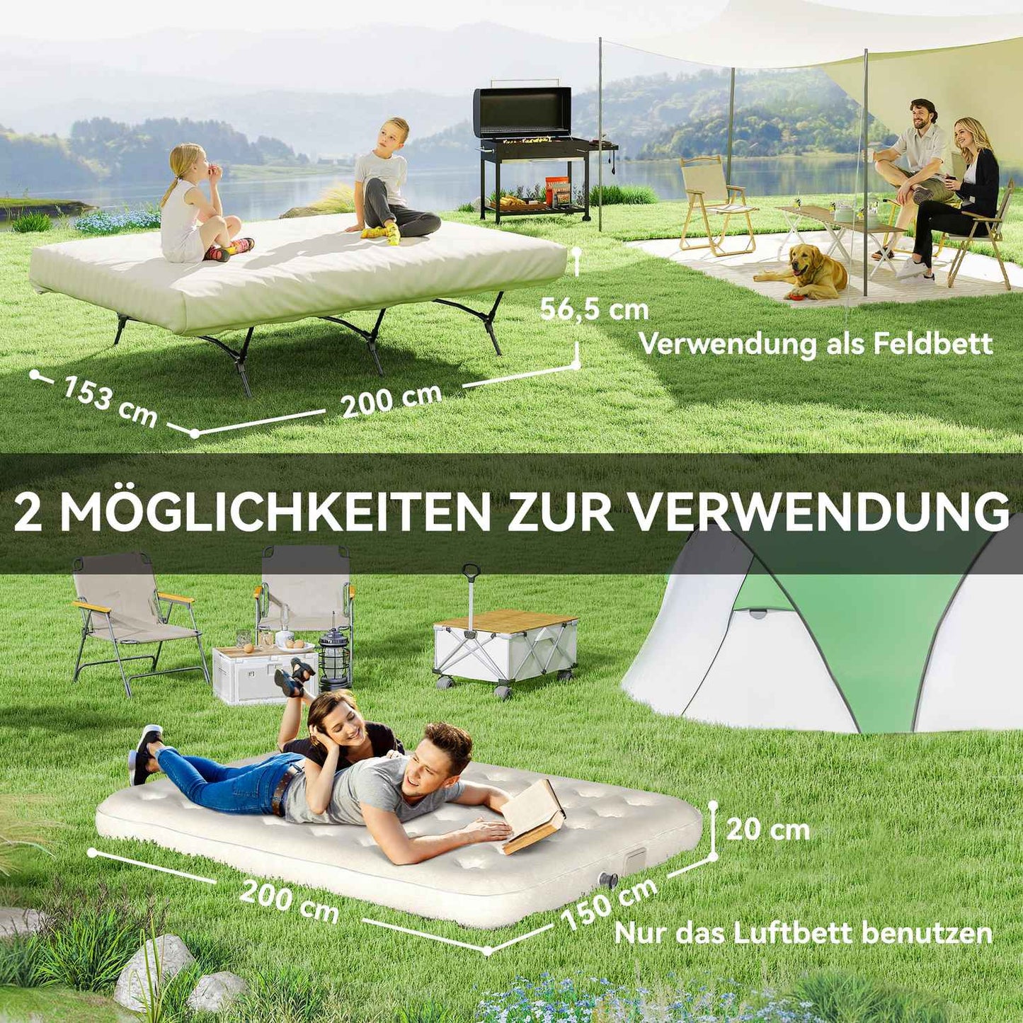 Camping bed with air mattress, pump, 200x153 cm, 200kg load