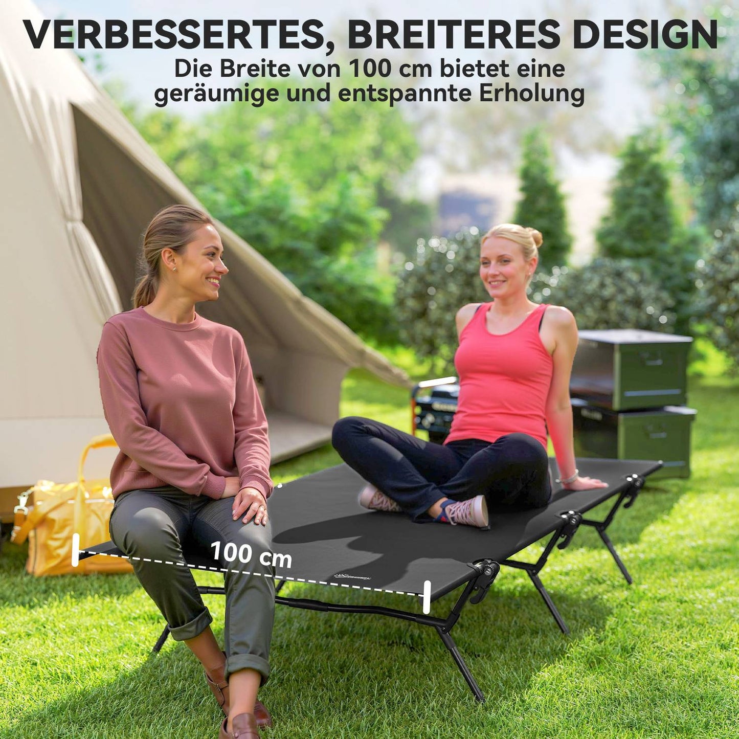 Folding tent bed with carry bag, extra wide, 120 kg capacity