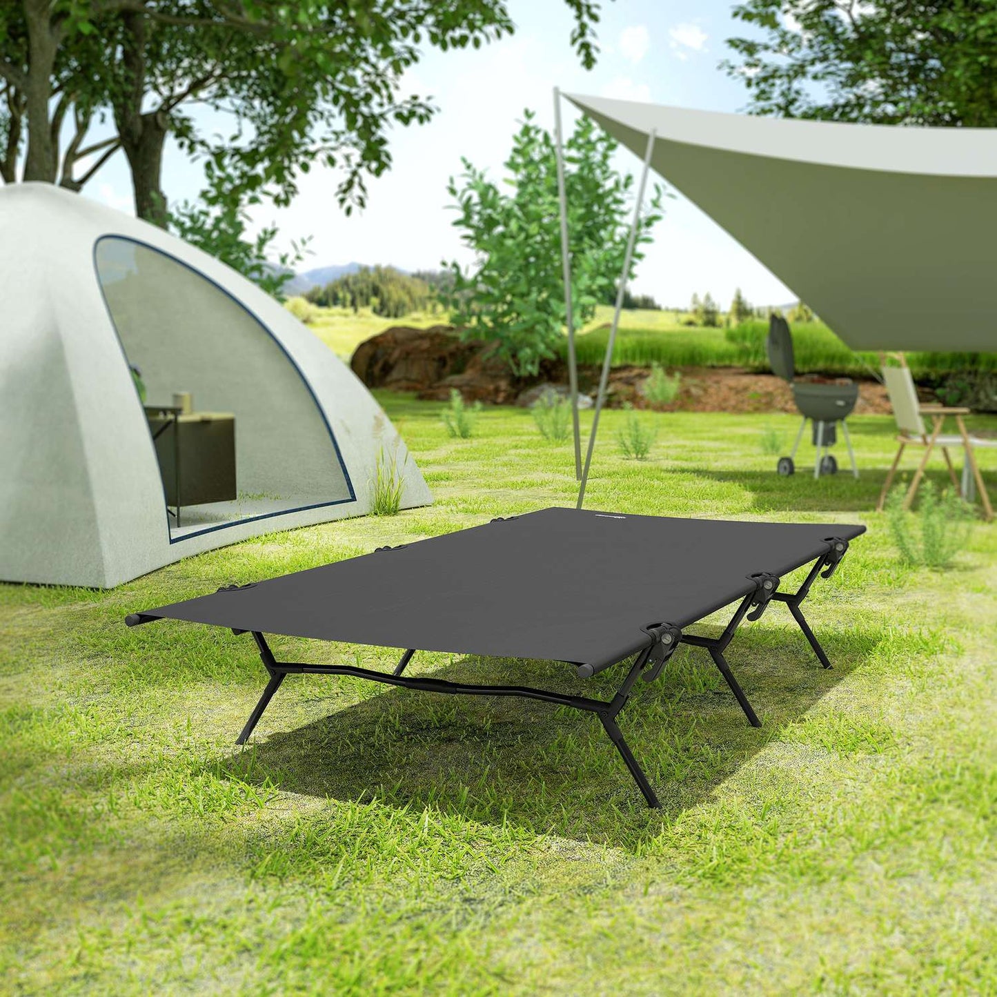 Folding tent bed with carry bag, extra wide, 120 kg capacity